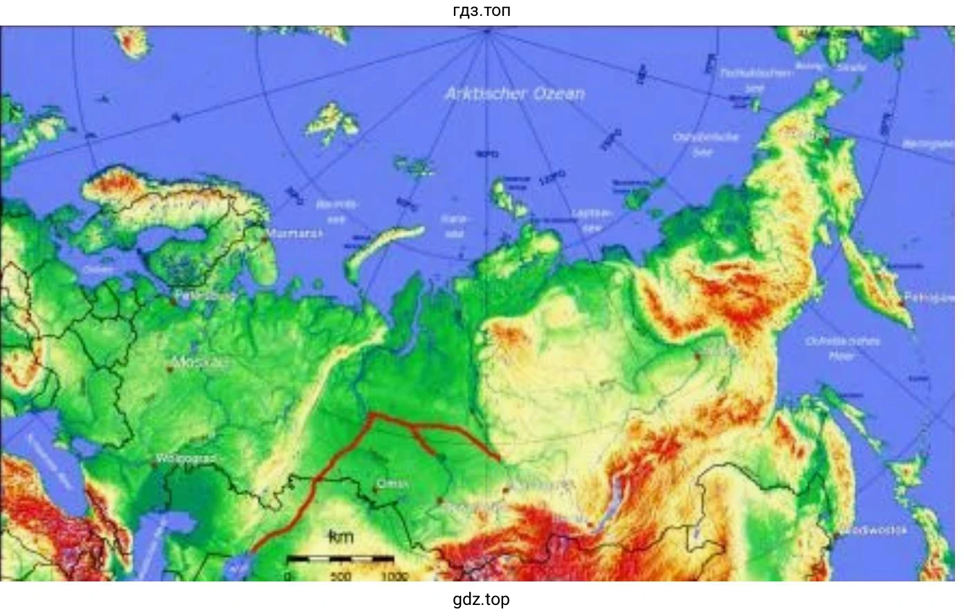 Рисунок. На изображении показана физическая карта России с нанесённой красным цветом схемой одного из проектов переброски части стока северных и сибирских рек на юг (так называемый «поворот сибирских рек»).