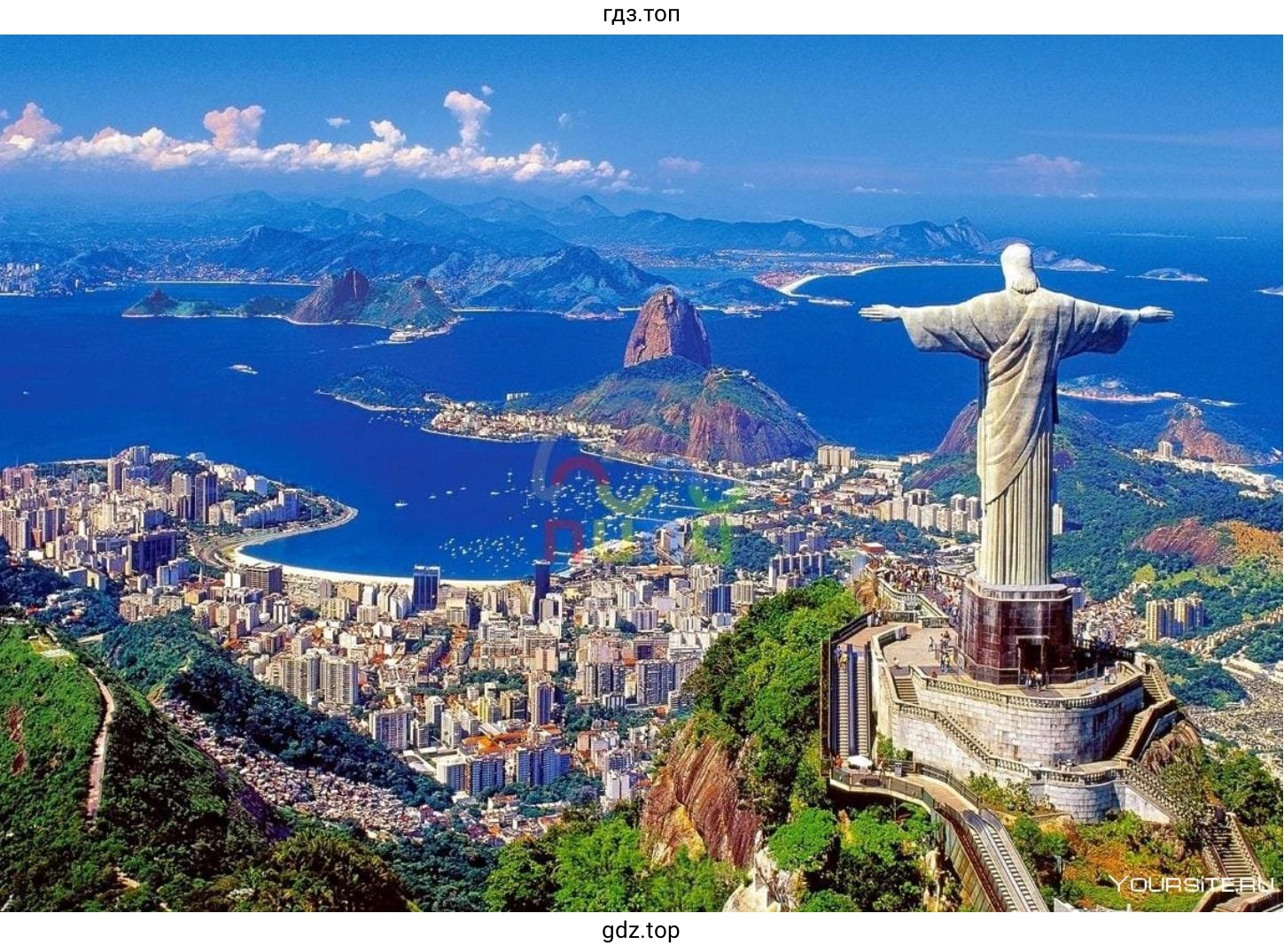 Рисунок 4. На изображении видна знаменитая статуя Христа-Искупителя (Cristo Redentor) на горе Корковаду в Рио-де-Жанейро, Бразилия, с видом на город, залив Гуанабара и гору Сахарная Голова.
