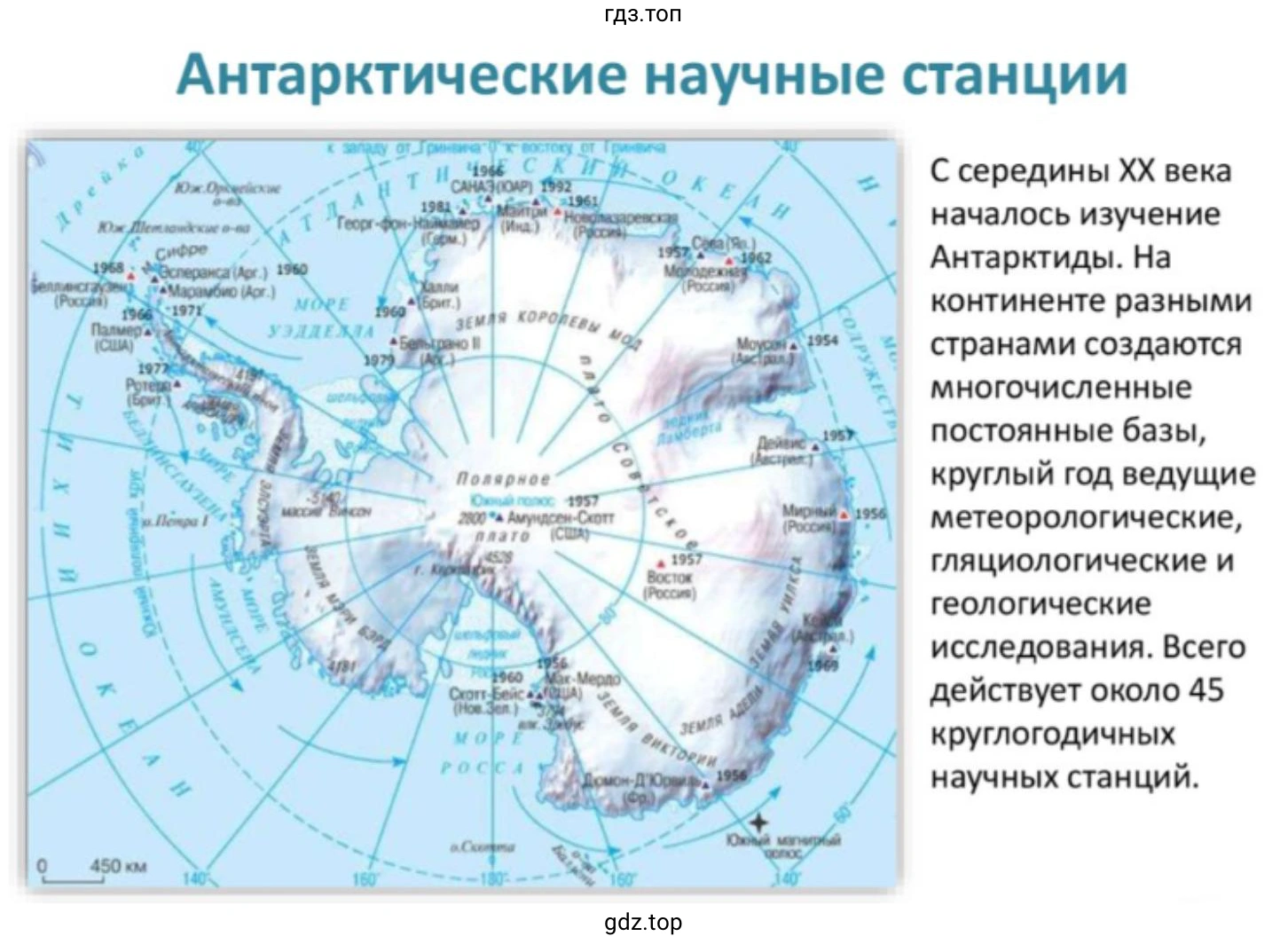 Слайд 5. На изображении представлена карта Антарктики с указанием основных круглогодичных научных станций разных стран и краткой исторической справкой об их появлении.