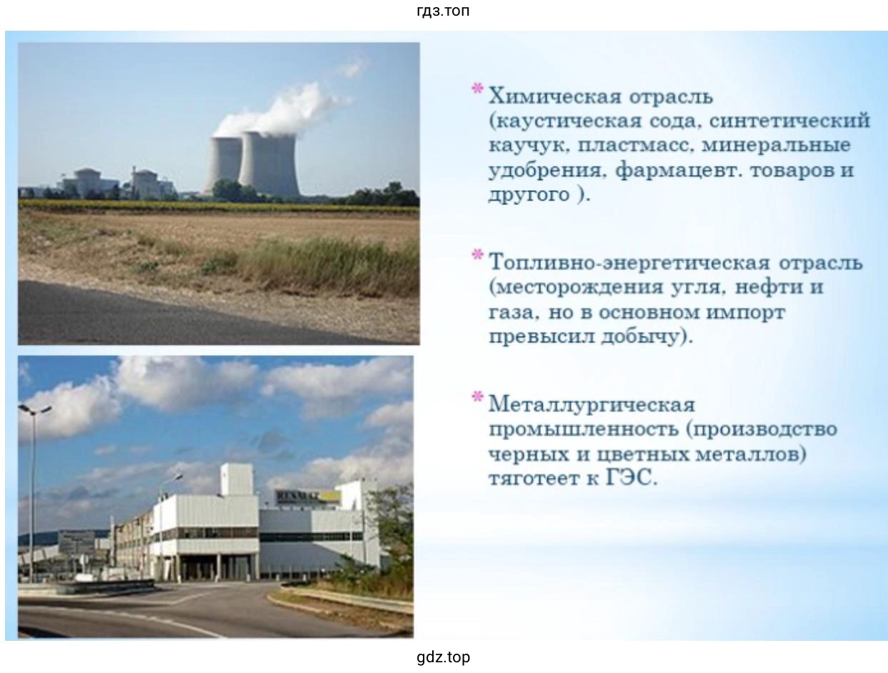 Слайд 10. На фотографии изображена атомная электростанция (вверху) и промышленное предприятие (внизу), а также приведены краткие характеристики отраслей промышленности (химической, топливно-энергетической и металлургической).