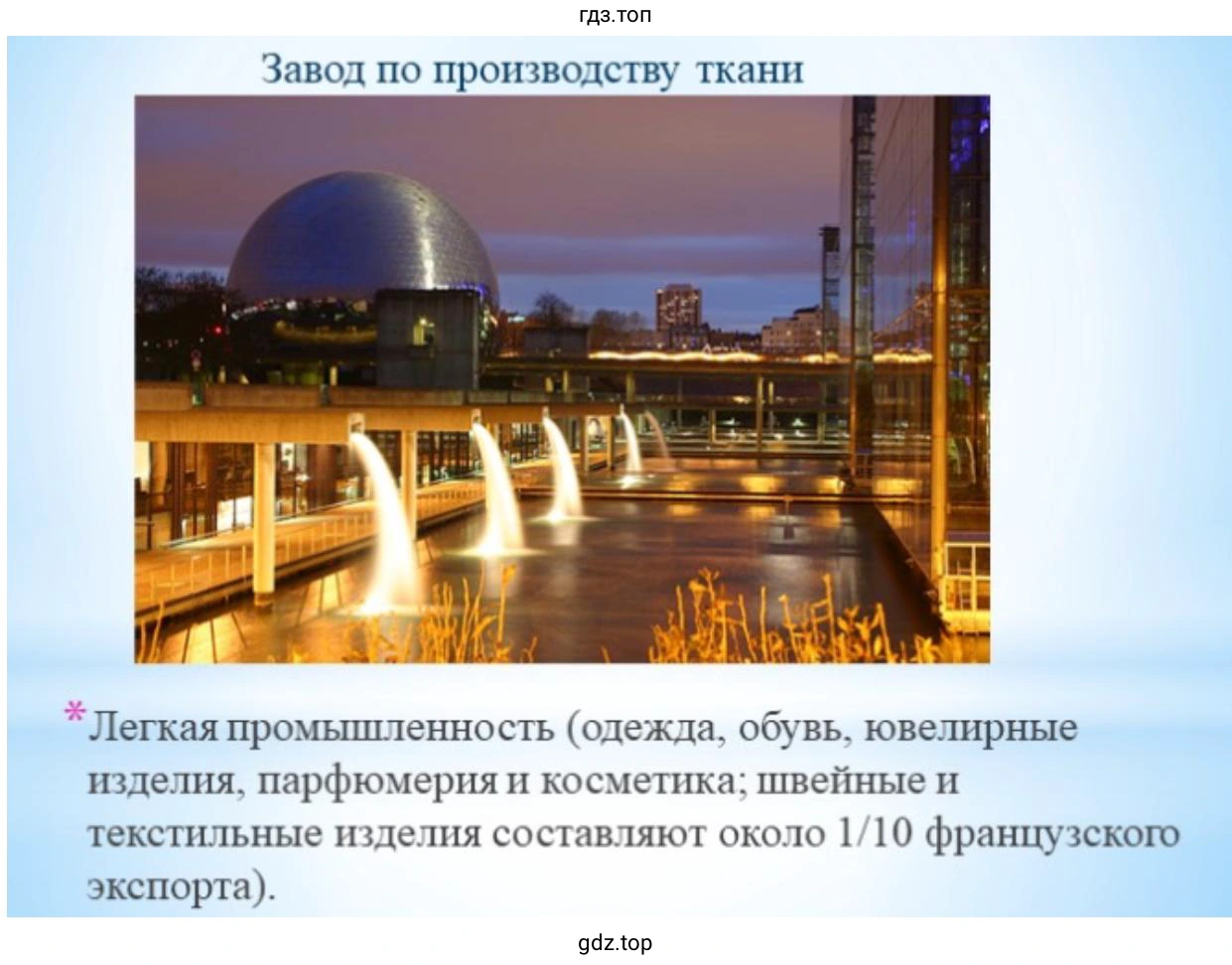 Слайд 11. На изображении показан Городок науки и индустрии (Cité des sciences et de l'industrie) и зеркальная геосфера Жеод (La Géode) в парке Ла-Виллет в Париже, а также текст о легкой промышленности Франции.