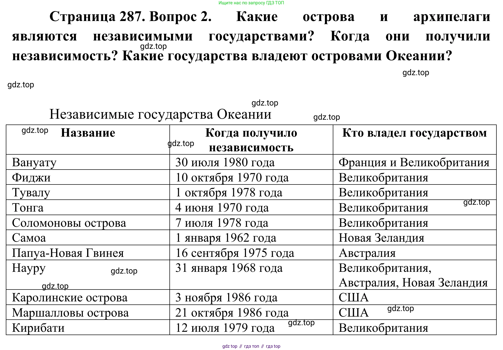 География, 7 класс Учебник, авторы: Климанова Оксана Александровна, Климанов Владимир Викторович, Ким Эльвира Васильевна, Сиротин Владимир Иванович, издательство Просвещение, Москва, 2021, белого цвета, страница 287, номер 2, Решение