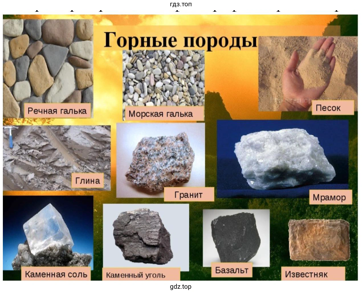 Рисунок. На изображении представлена таблица с примерами горных пород и минералов: речная и морская галька, песок, глина, гранит, мрамор, каменная соль, каменный уголь, базальт и известняк.