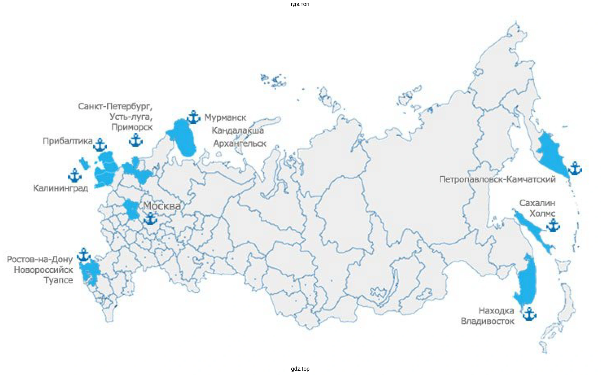 Рисунок. Крупнейшие морские порты России. Контурная карта России.