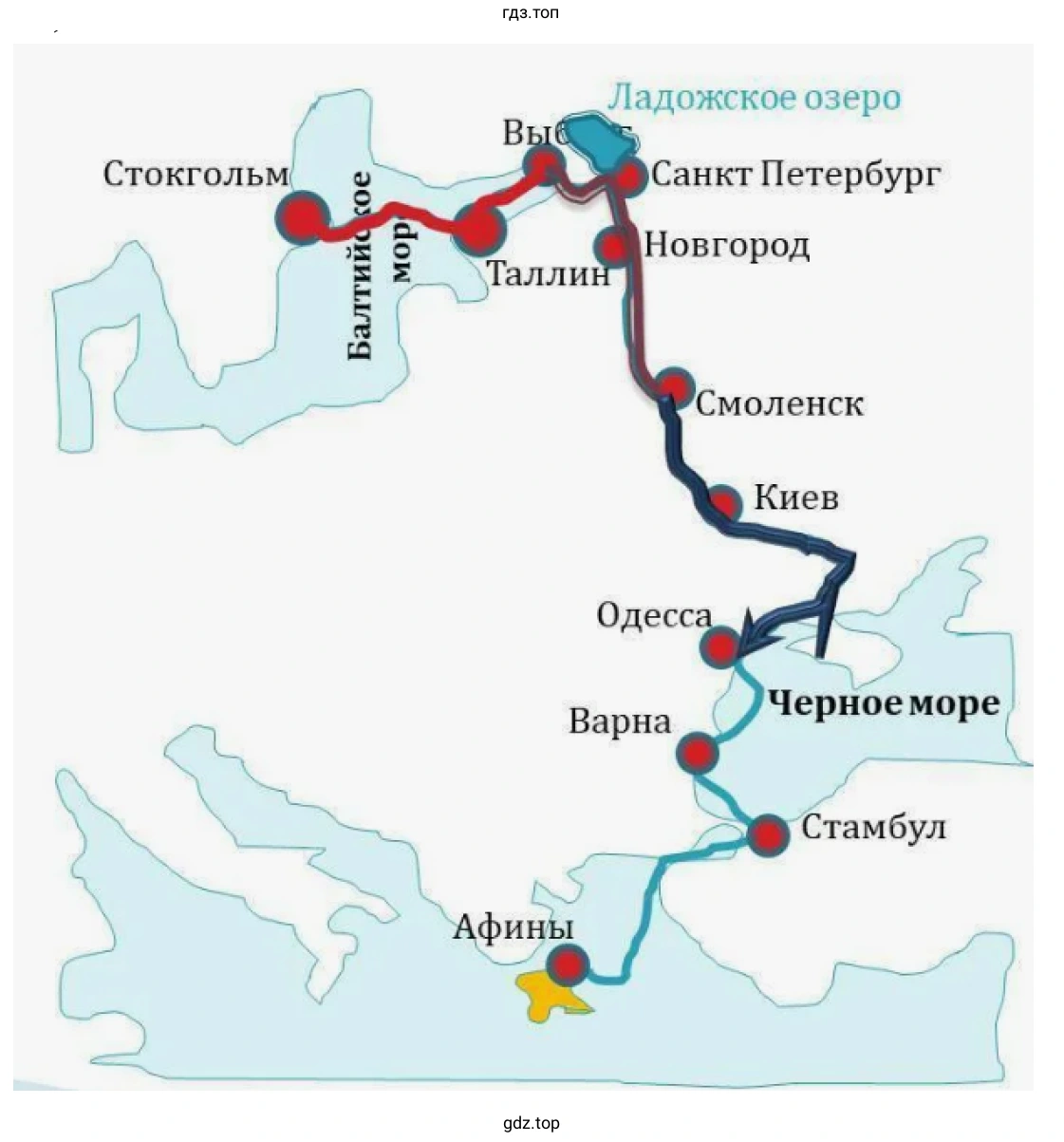 Рисунок 1. Маршрут который можно проплыть из Балтийского моря в Каспийское или в Чёрное.