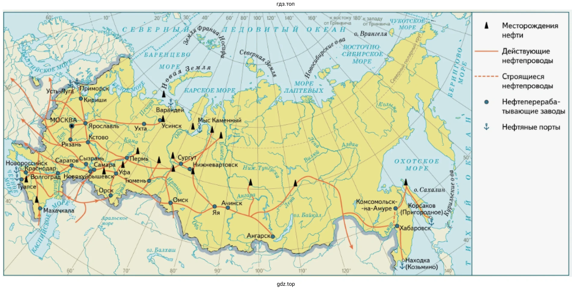 Рисунок. Крупнейшие НПЗ России. Основные нефтепроводы на территории России.