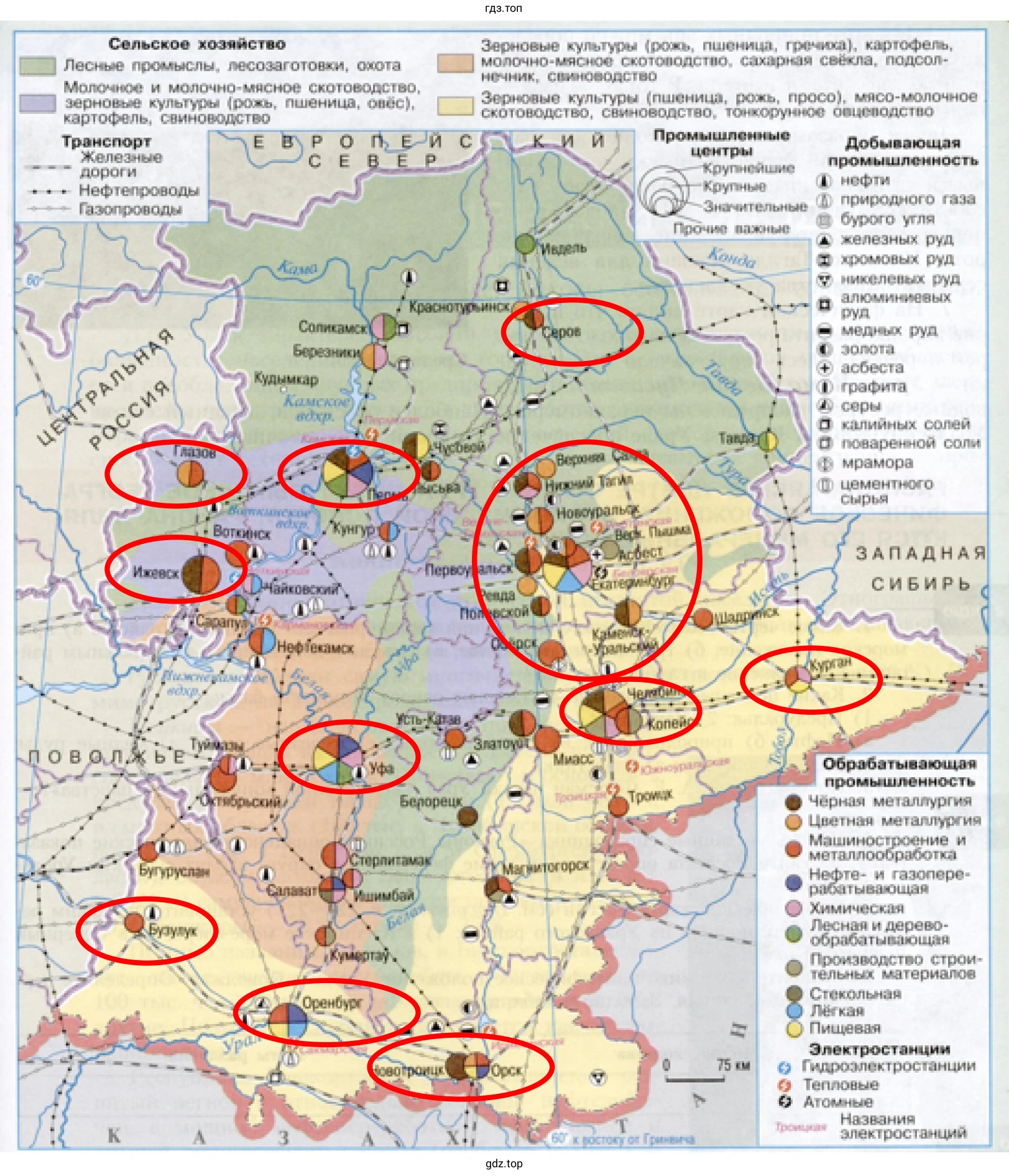Рисунок. Города - промышленные центры Урала. Экономическая карта Урала.