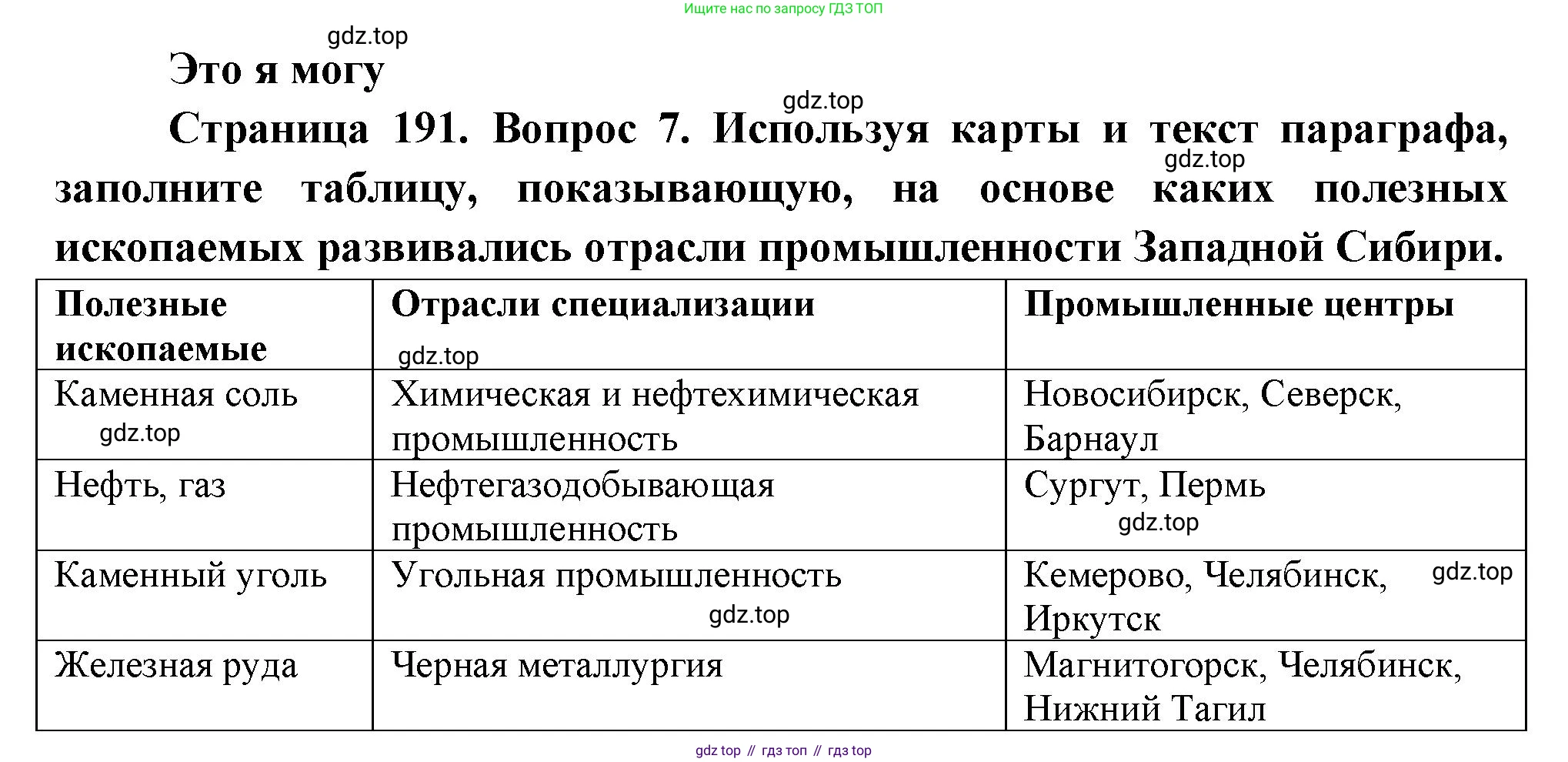 География, 9 класс Учебник, авторы: Алексеев Александр Иванович, Николина Вера Викторовна, Липкина Елена Карловна, Болысов Сергей Иванович, Кузнецова Галина Юрьевна, издательство Просвещение, Москва, 2023, жёлтого цвета, страница 191, номер 7, Решение