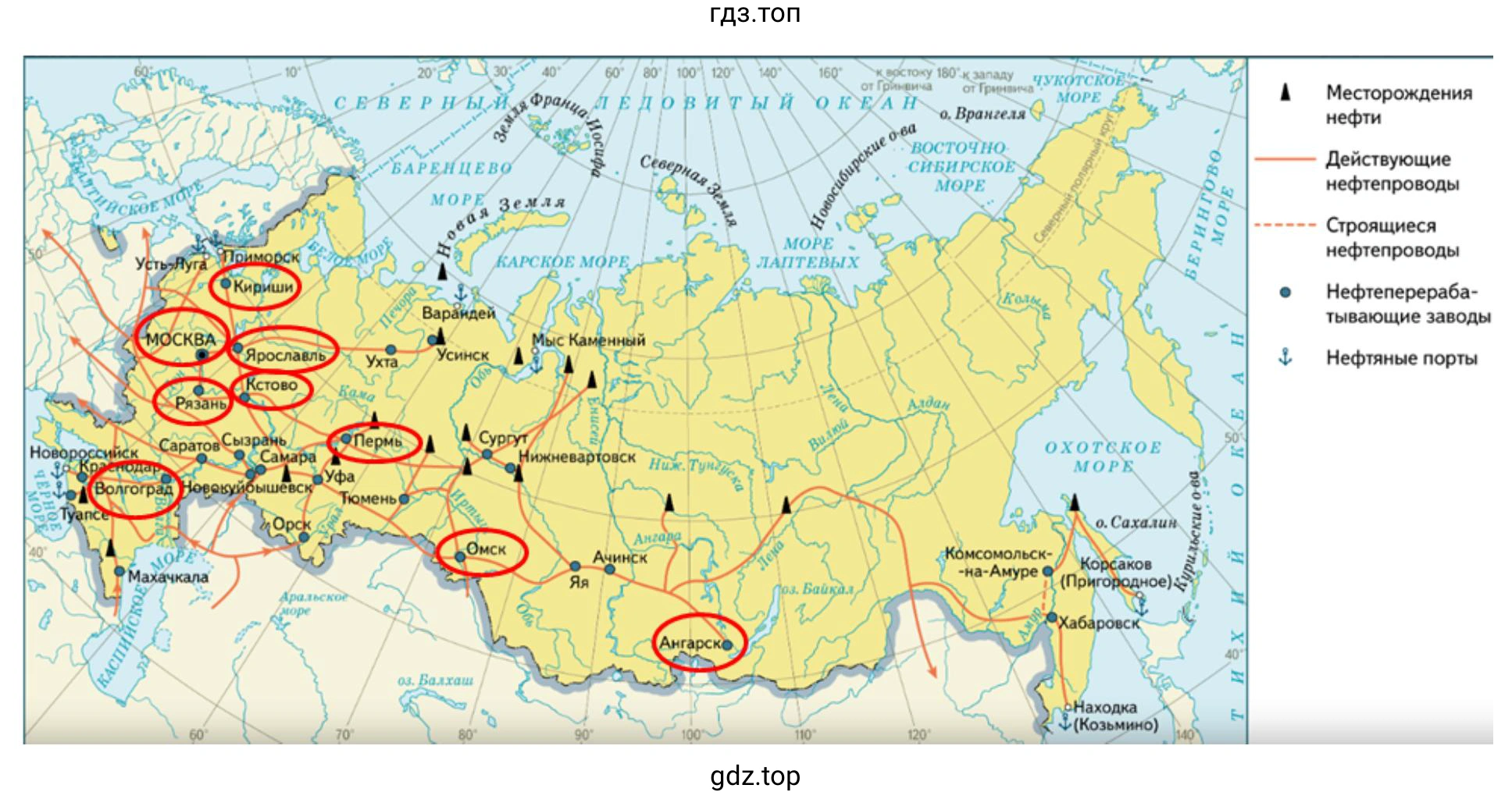Контурная карта крупнейших НПЗ России, расположенные в городах: Омск, Кириши, Рязань, Кстово, Ярославль, Пермь, Москва, Волгоград, Ангарск, и основные нефтепроводы на территории России.
