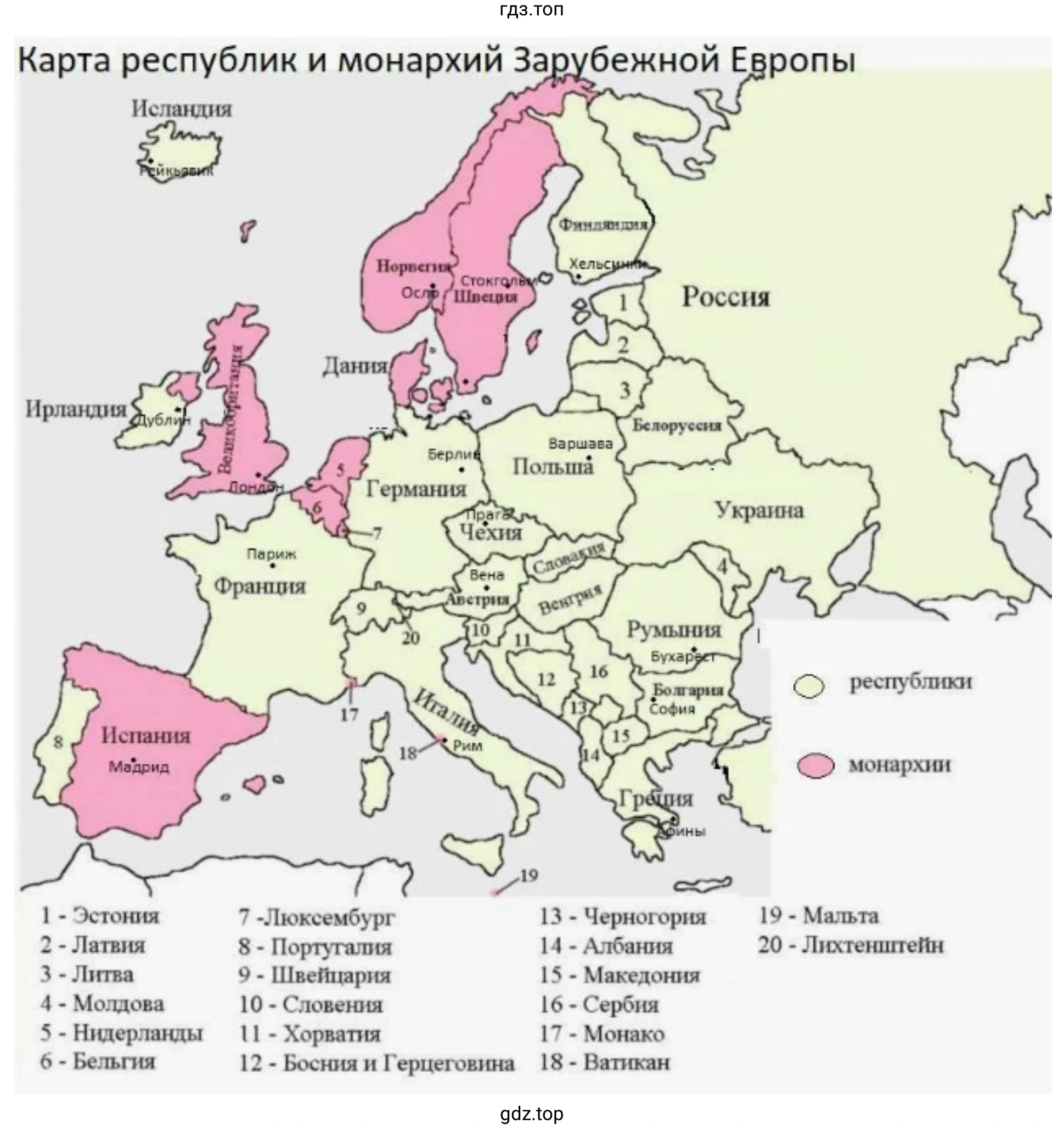 Карта республик и монархий Зарубежной Европы