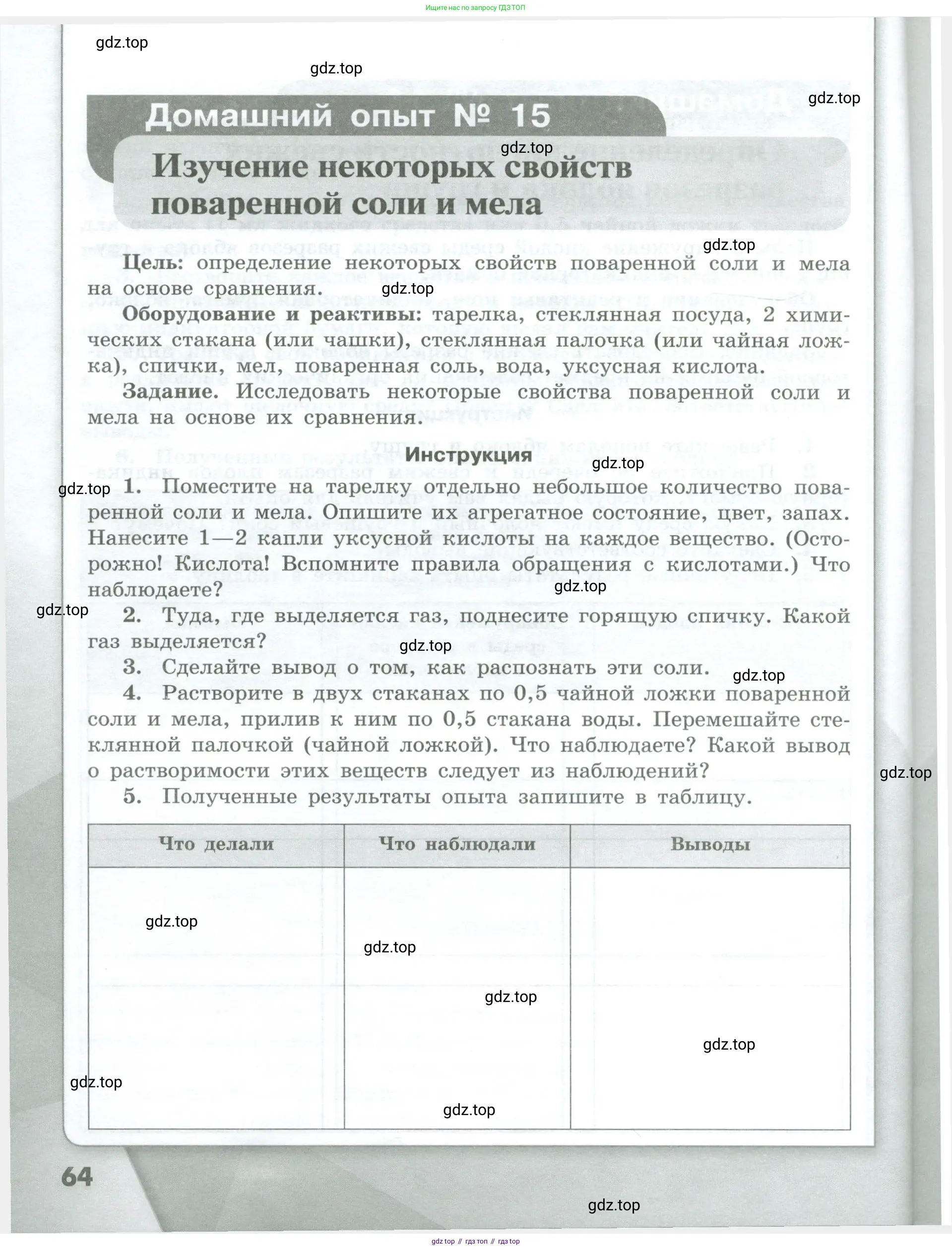 Химия, 7 класс Тетрадь для лабораторных и практических работ, авторы: Габриелян Олег Саргисович, Аксенова Инна Васильевна, Остроумов Игорь Геннадьевич, издательство Просвещение, Москва, 2018, белого цвета, страница 64