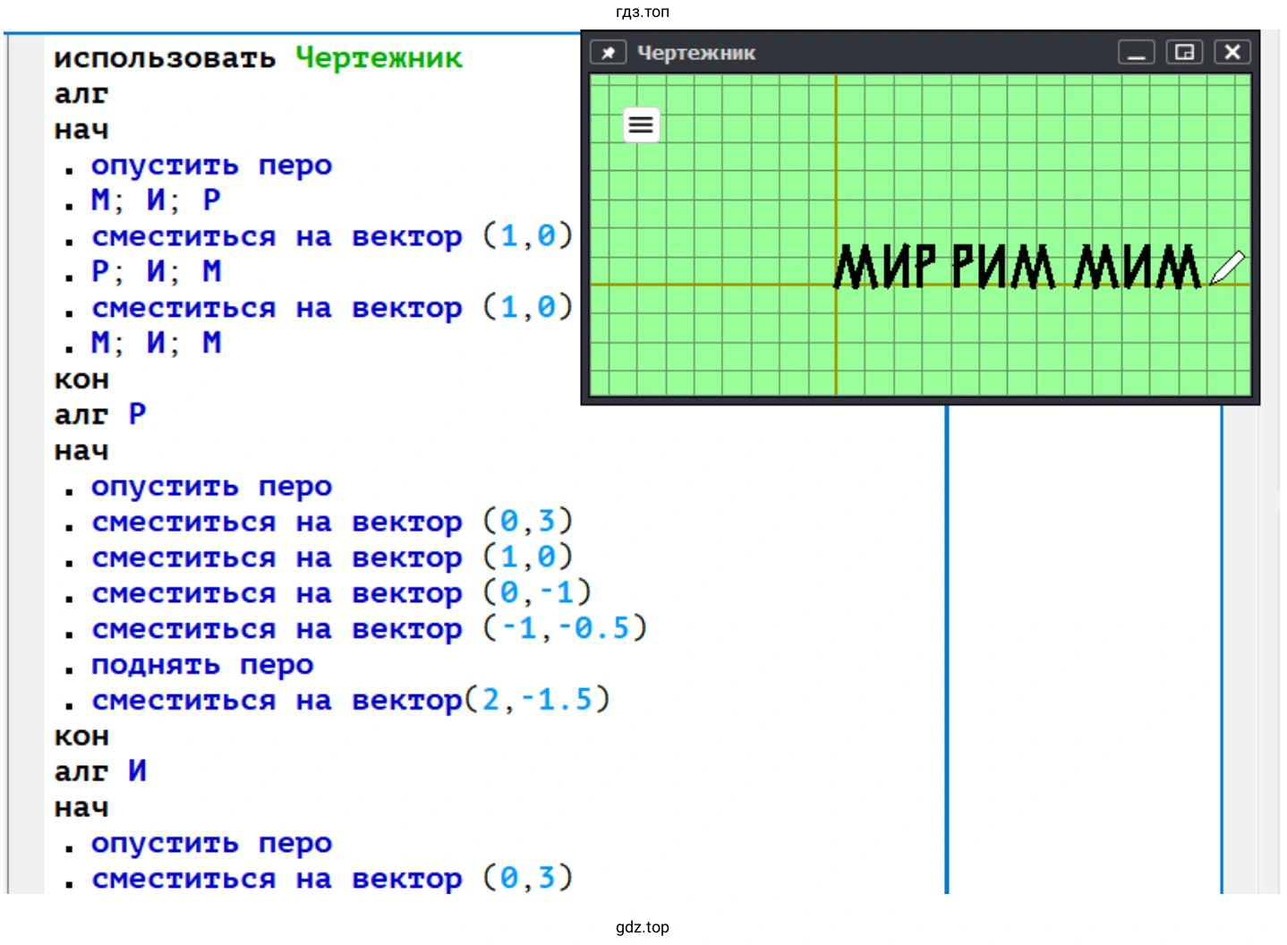 Составьте алгоритмы рисования слов МИР, РИМ, МИМ