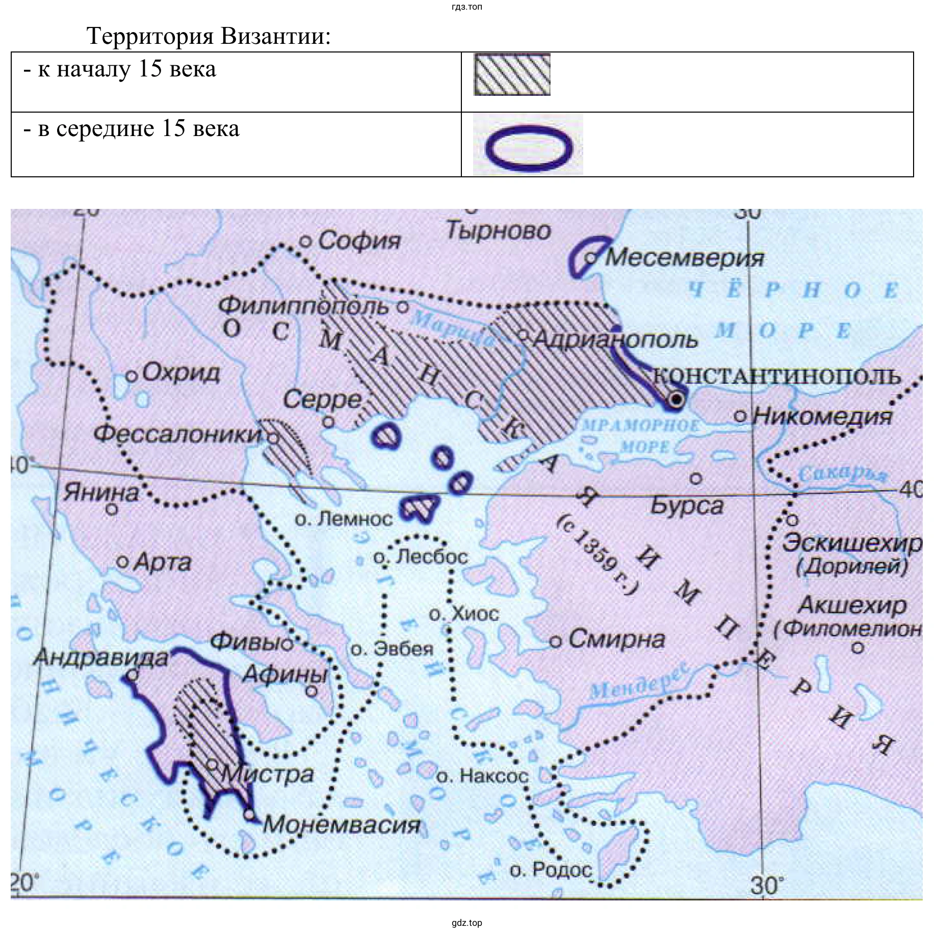 Территории Византии, Османской империи в начале и в середине XV в.