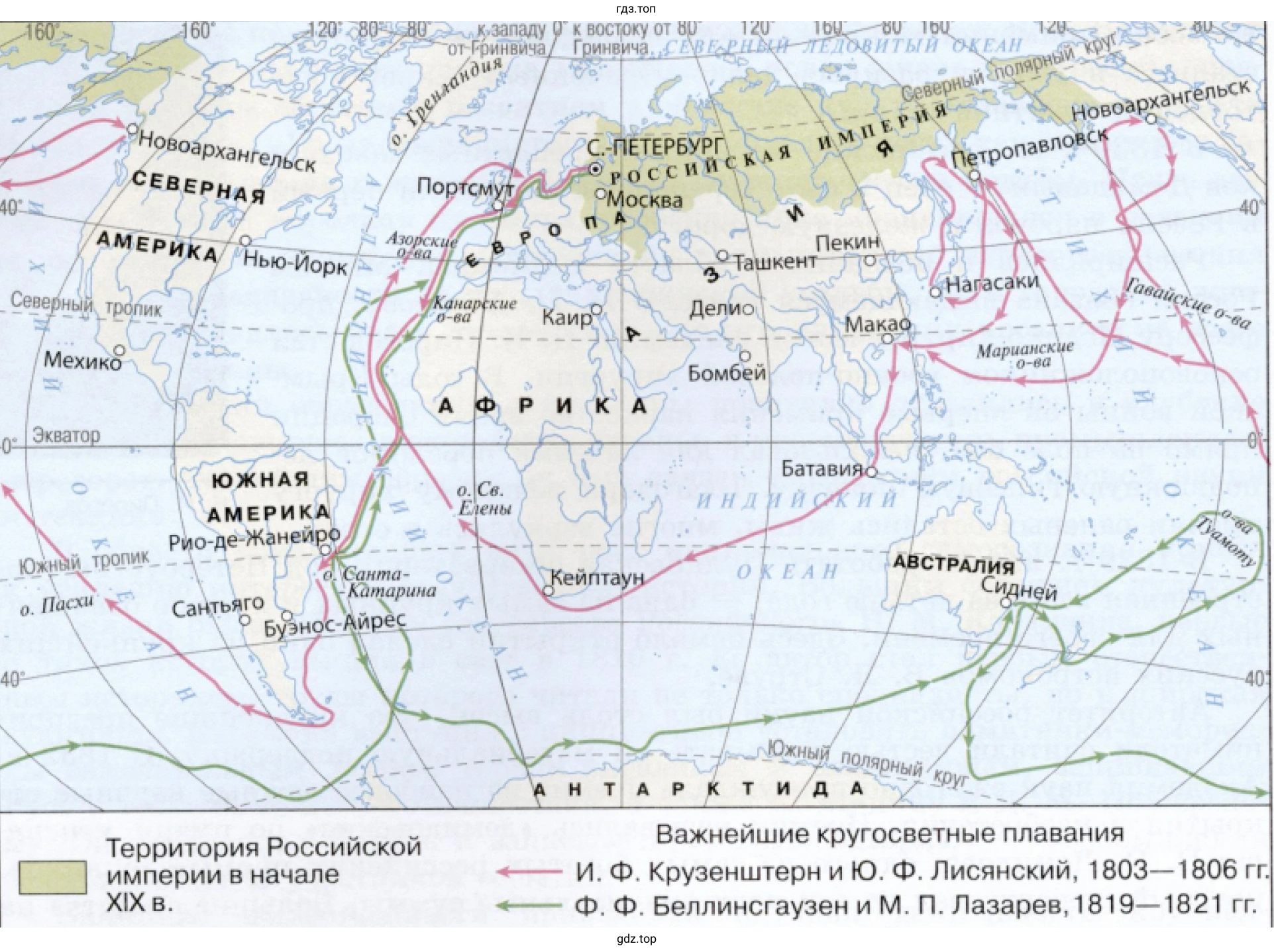 Контурная карта. Маршруты русских мореплавателей и путешественников первой половины ХIХ в. и территории, отрытые ими.