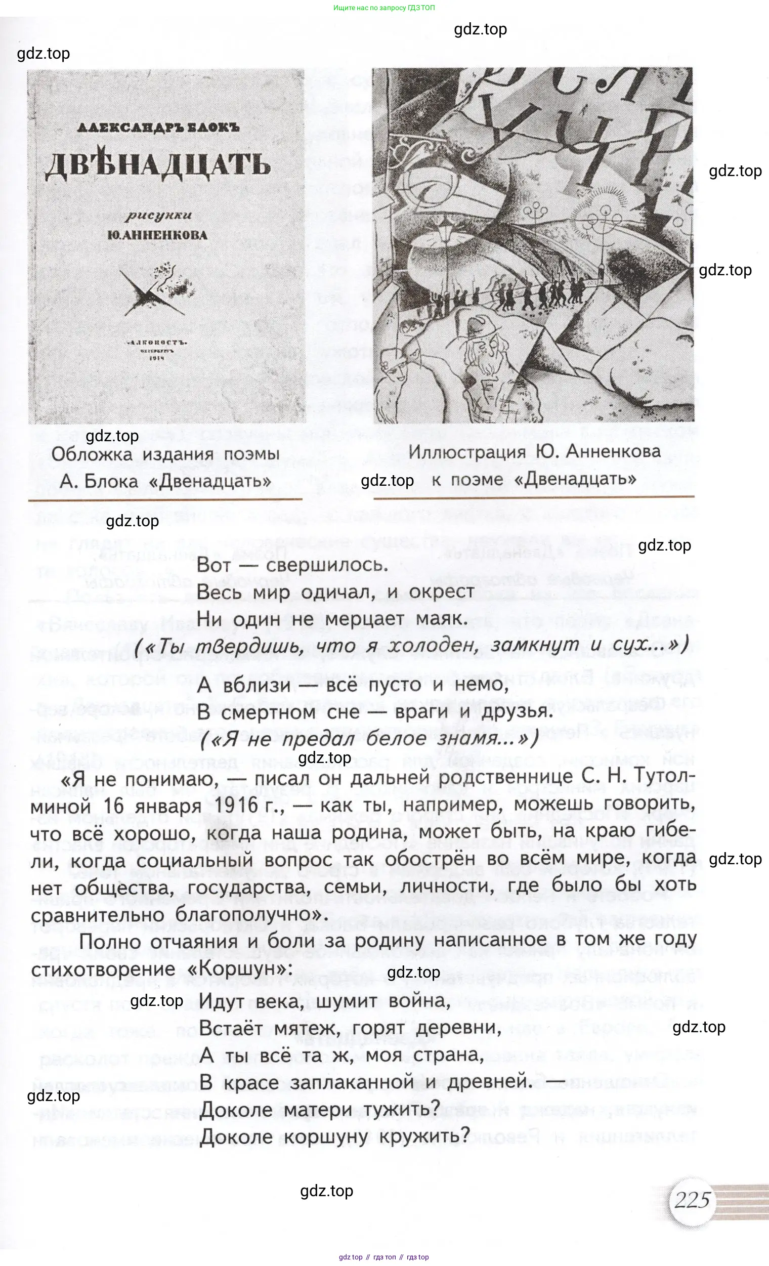 Литература, 11 класс Учебник, авторы: Михайлов Олег Николаевич, Шайтанов Игорь Олегович, Чалмаев Виктор Андреевич, Смирнова Людмила Алексеевна, Турков Андрей Михайлович, Журавлев Виктор Петрович, Марченко Алла Максимовна, Михайлов Александр Алексеевич, Белая Галина Анреевна, Свердлов Михаил Игоревич, издательство Просвещение, Москва, 2019, бирюзового цвета, страница 225
