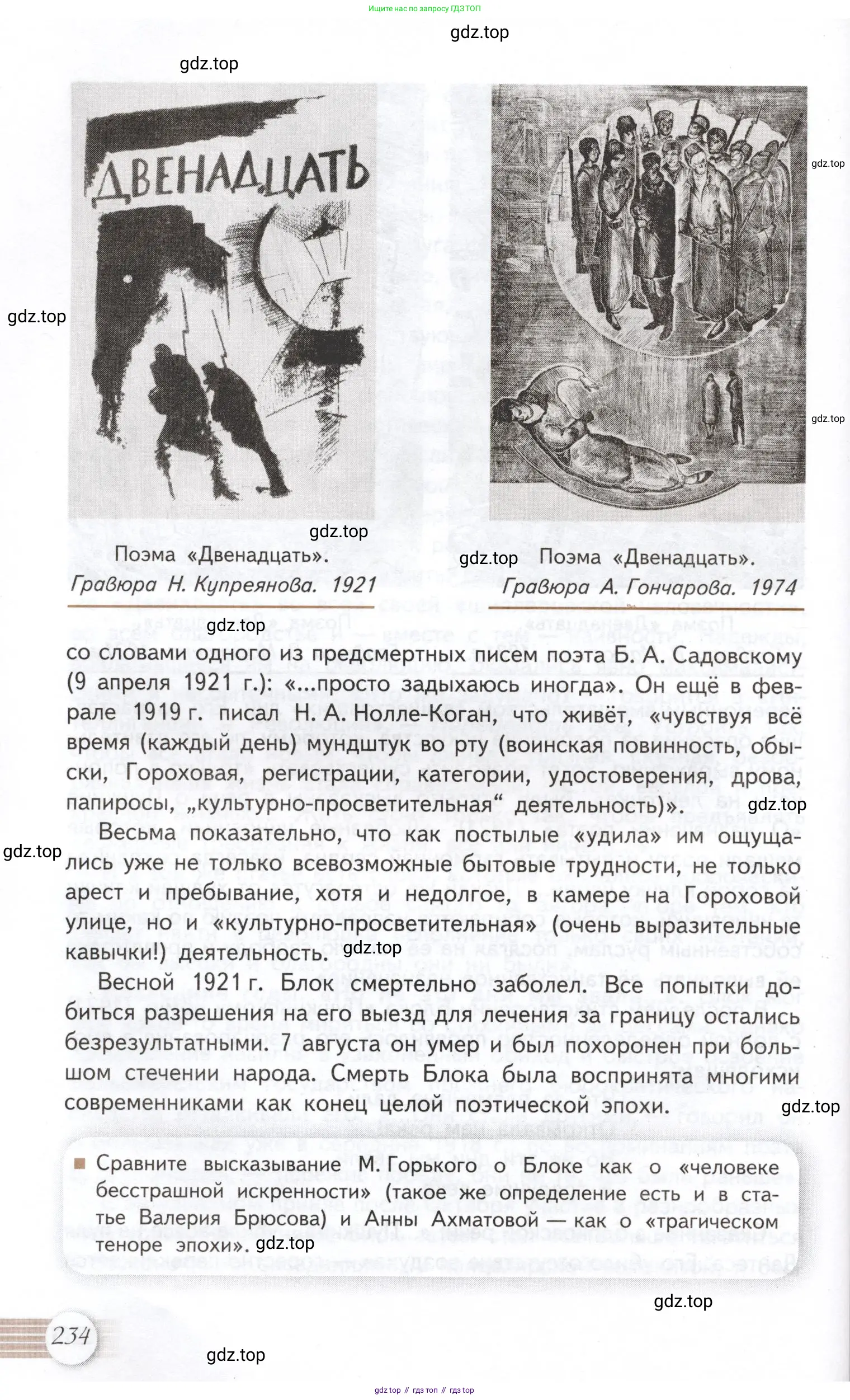 Литература, 11 класс Учебник, авторы: Михайлов Олег Николаевич, Шайтанов Игорь Олегович, Чалмаев Виктор Андреевич, Смирнова Людмила Алексеевна, Турков Андрей Михайлович, Журавлев Виктор Петрович, Марченко Алла Максимовна, Михайлов Александр Алексеевич, Белая Галина Анреевна, Свердлов Михаил Игоревич, издательство Просвещение, Москва, 2019, бирюзового цвета, Часть 1, страница 234