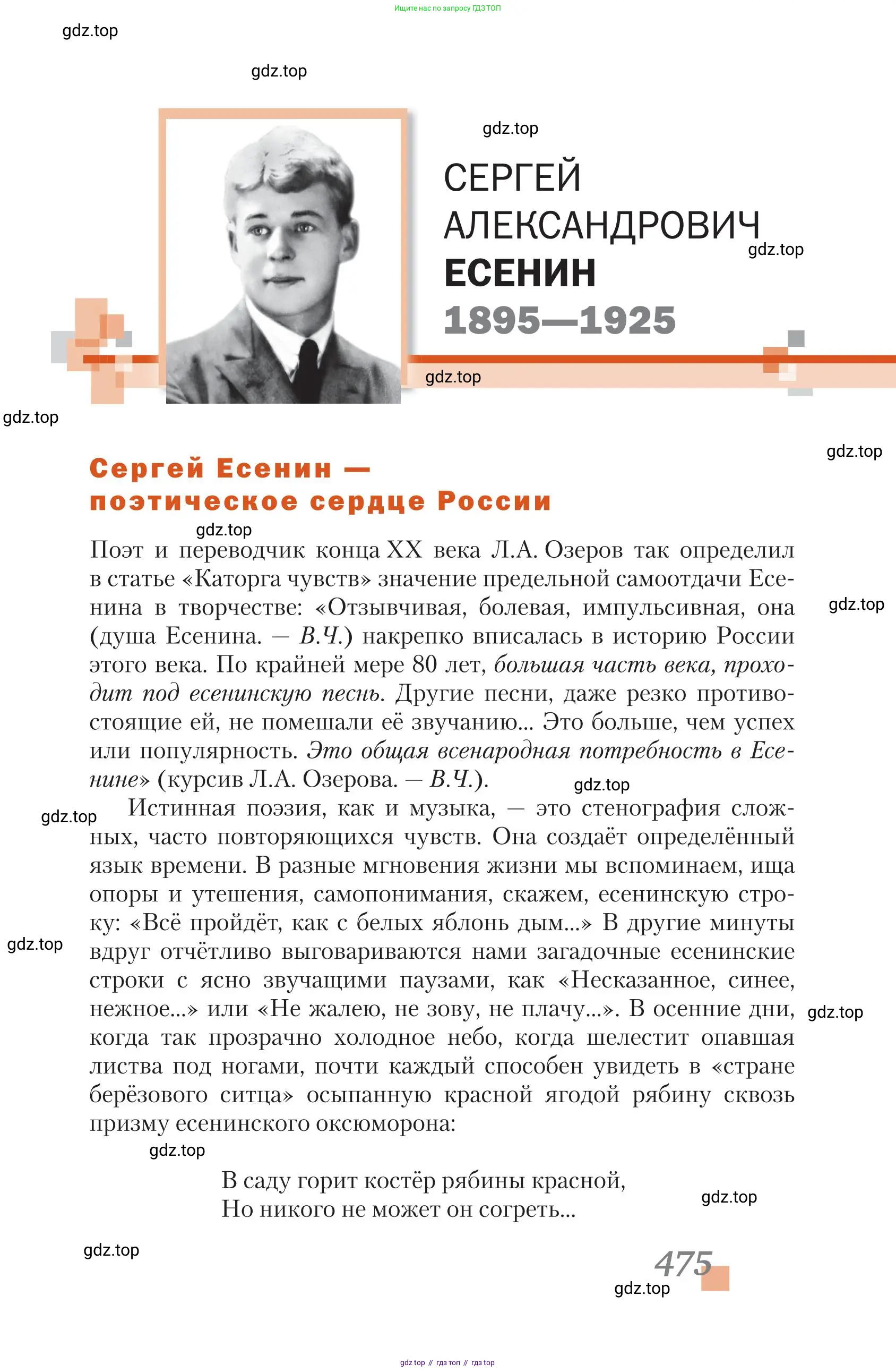 Литература, 11 класс Учебник, авторы: Зинин Сергей Александрович, Чалмаев Виктор Андреевич, издательство Русское слово, Москва, 2019, оранжевого цвета, Часть 1, страница 475
