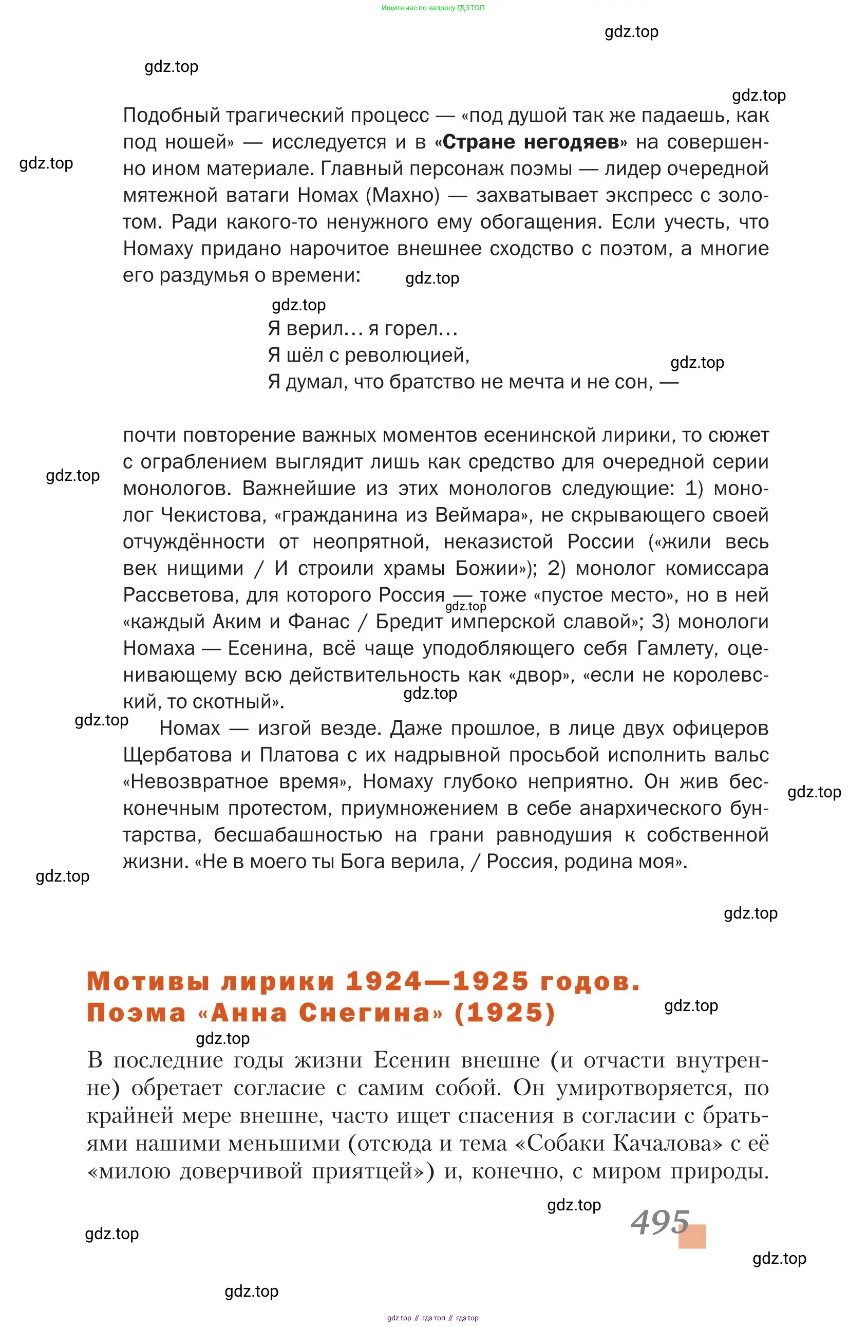 Литература, 11 класс Учебник, авторы: Зинин Сергей Александрович, Чалмаев Виктор Андреевич, издательство Русское слово, Москва, 2019, оранжевого цвета, Часть 1, страница 495
