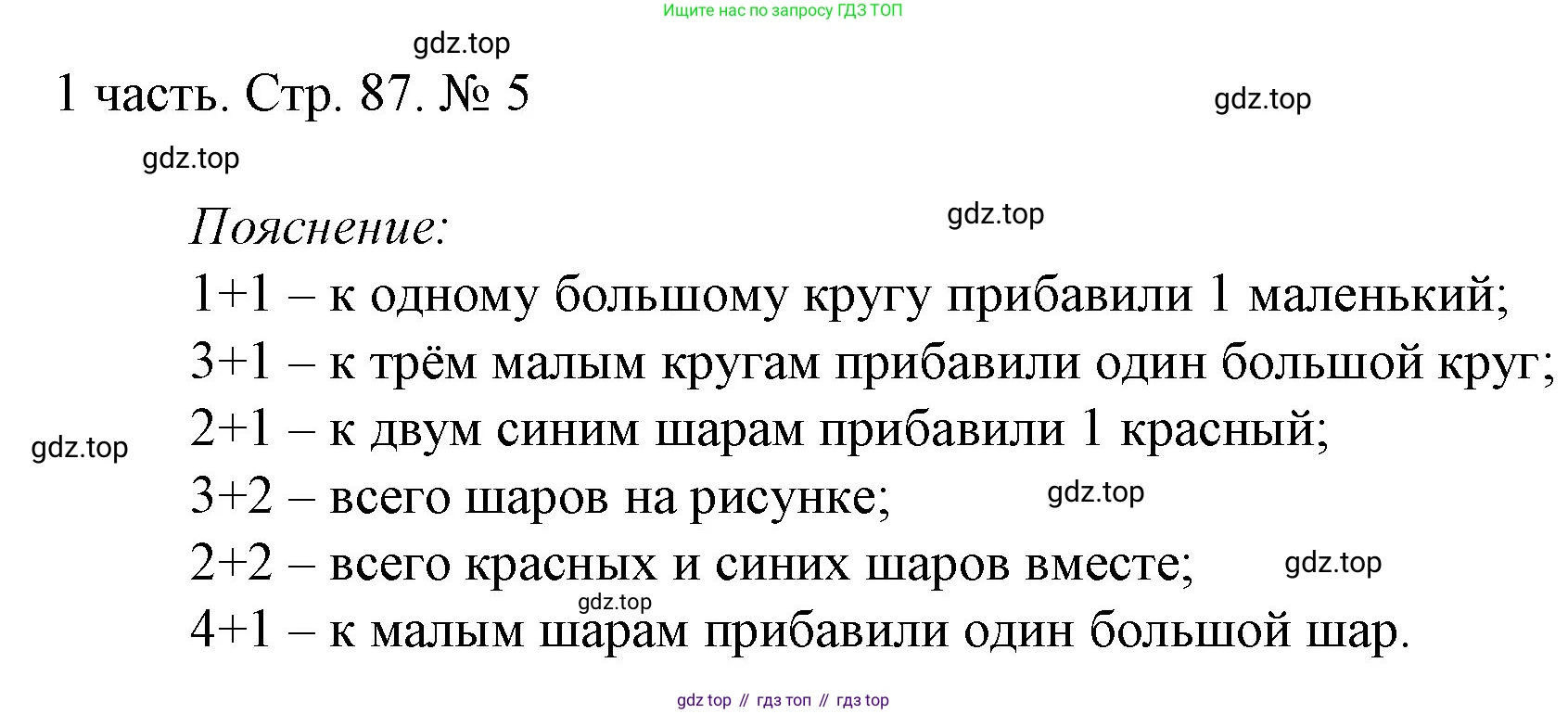 ГДЗ Математика, 1 класс Учебник, авторы: Моро Мария Игнатьевна, Волкова Светлана Ивановна, Степанова Светлана Вячеславовна, издательство Просвещение, Москва, 2023, белого цвета, Часть 1, страница 87, номер 5, Решение