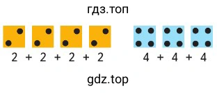 4 оранжевых кубика с цифрой 2 и 3 голубых кубика с цифрой 4