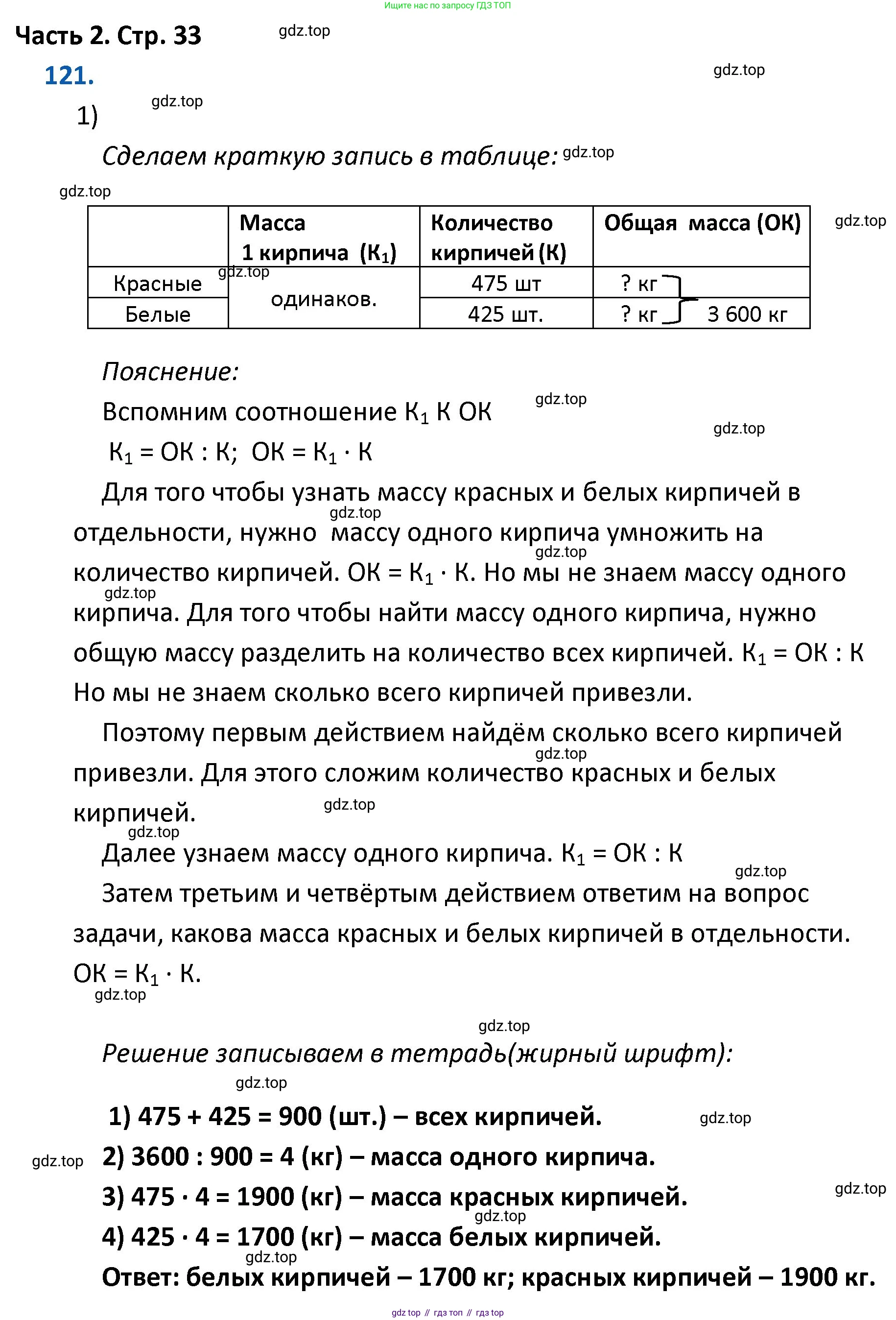 ГДЗ Математика, 4 класс Учебник, авторы: Моро Мария Игнатьевна, Бантова Мария Александровна, Бельтюкова Галина Васильевна, Волкова Светлана Ивановна, Степанова Светлана Вячеславовна, издательство Просвещение, Москва, 2023, белого цвета, Часть 2, страница 33, номер 121, Решение