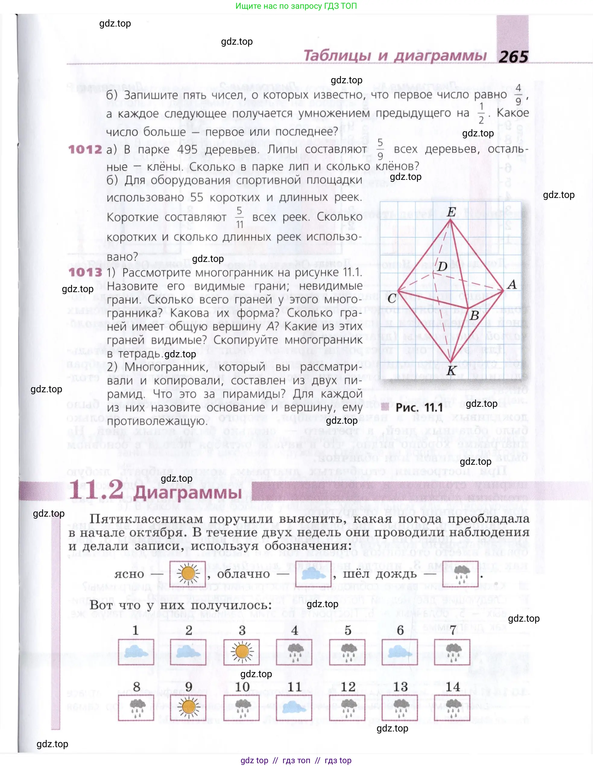 Математика, 5 класс Учебник, авторы: Дорофеев Георгий Владимирович, Шарыгин Игорь Фёдорович, Суворова Светлана Борисовна, Бунимович Евгений Абрамович, Кузнецова Людмила Викторовна, Минаева Светлана Станиславовна, Рослова Лариса Олеговна, издательство Просвещение, Москва, 2019 - 2022, белого цвета, страница 265