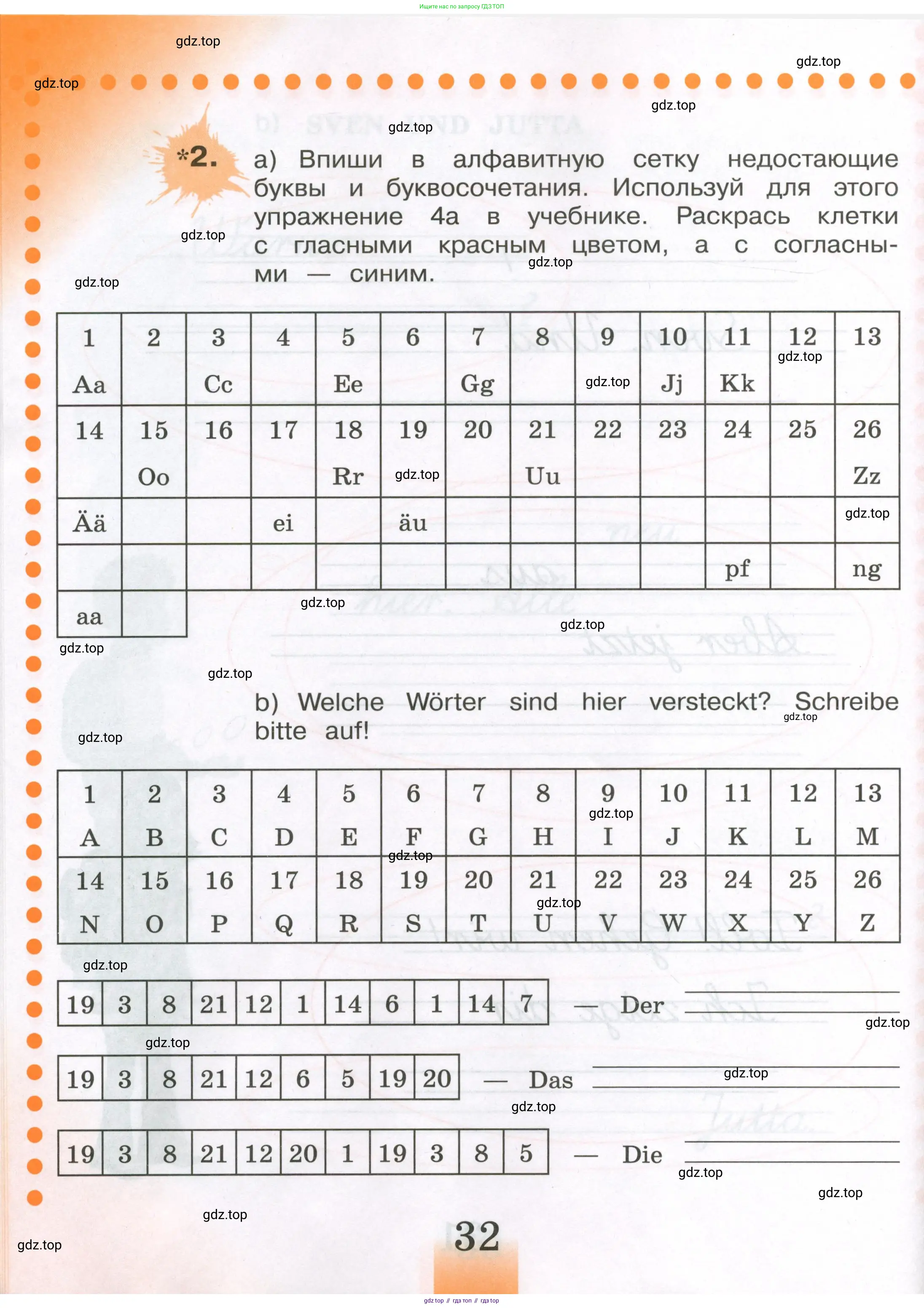 Немецкий язык (Deutsch), 3 класс рабочая тетрадь (arbeitsbuch), авторы: Бим Инесса Львовна (Bim I), Рыжова Лариса Ивановна (Ryschowa L), Фомичева Людмила Михайловна (Fomitschjowa L), издательство Просвещение, Москва, 2023, салатового цвета, Часть 1, страница 32