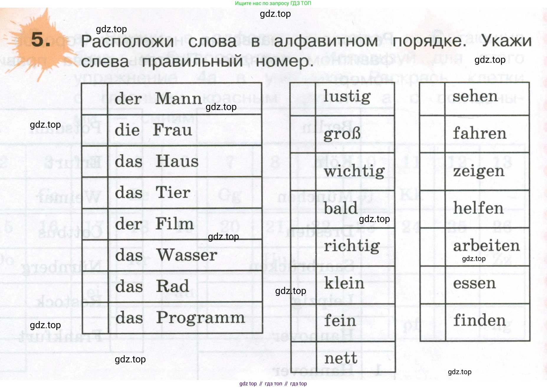 ГДЗ Немецкий язык (Deutsch), 3 класс рабочая тетрадь (arbeitsbuch), авторы: Бим Инесса Львовна (Bim I), Рыжова Лариса Ивановна (Ryschowa L), Фомичева Людмила Михайловна (Fomitschjowa L), издательство Просвещение, Москва, 2023, салатового цвета, Часть 1, страница 34, номер 5, Условие