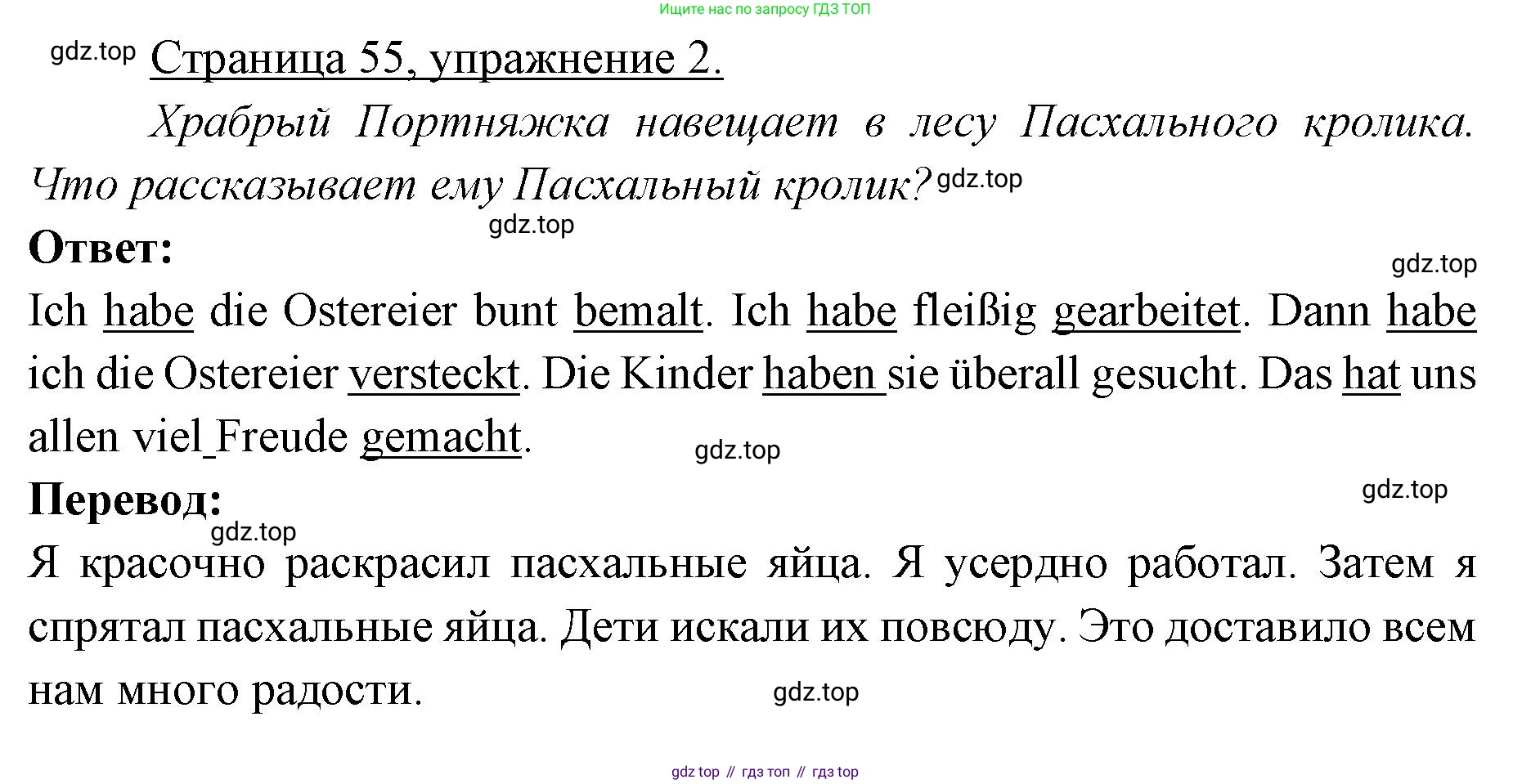 ГДЗ Немецкий язык (Deutsch), 3 класс рабочая тетрадь (arbeitsbuch), авторы: Бим Инесса Львовна (Bim I), Рыжова Лариса Ивановна (Ryschowa L), Фомичева Людмила Михайловна (Fomitschjowa L), издательство Просвещение, Москва, 2023, салатового цвета, Часть 2, страница 55, номер 2, Решение