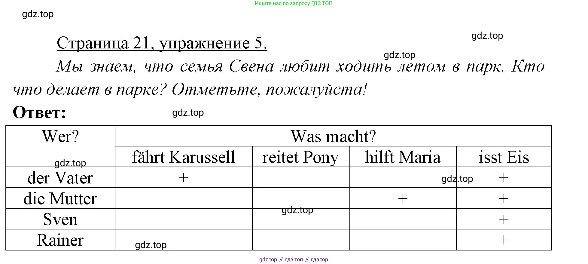 Немецкий язык (Deutsch), 3 класс учебник (lehrbuch), авторы: Бим Инесса Львовна (Bim I), Рыжова Лариса Ивановна (Ryschowa L), Фомичева Людмила Михайловна (Fomitschjowa L), издательство Просвещение, Москва, 2023, салатового цвета, Часть 1, страница 21, номер 5, Решение