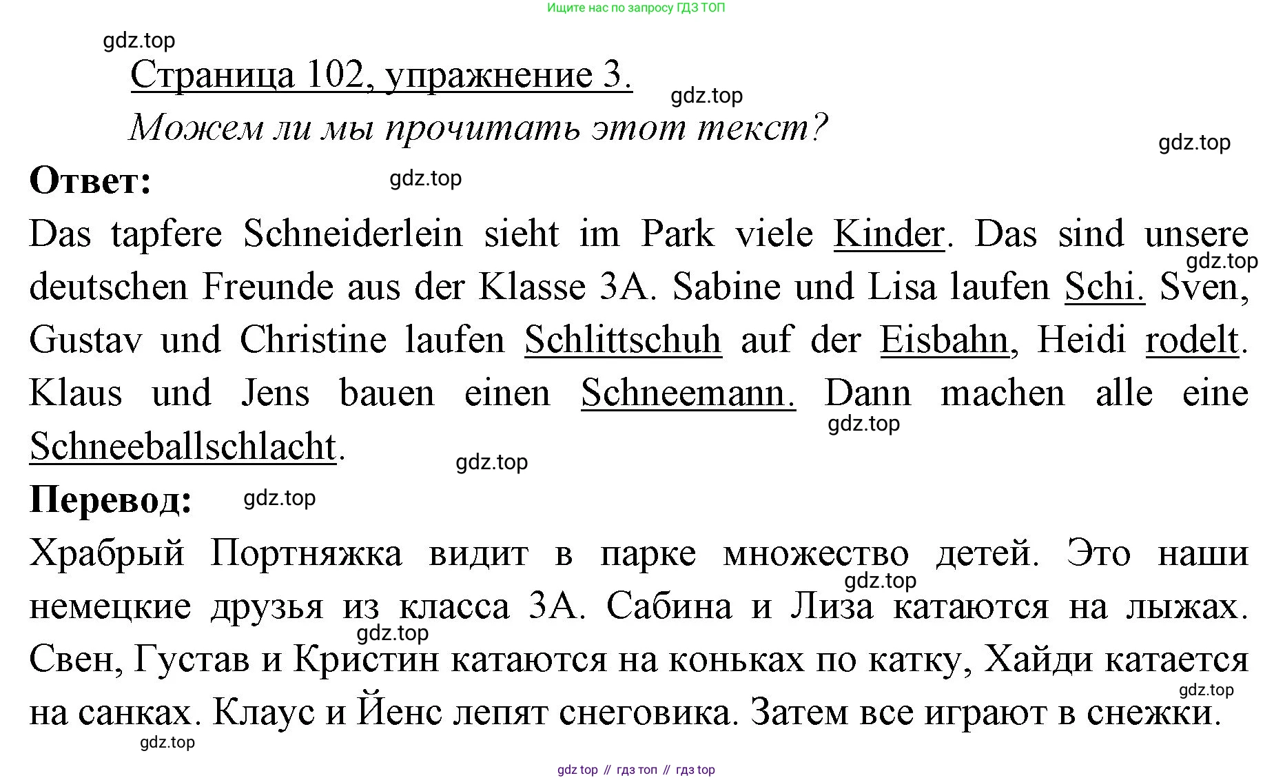 Немецкий язык (Deutsch), 3 класс учебник (lehrbuch), авторы: Бим Инесса Львовна (Bim I), Рыжова Лариса Ивановна (Ryschowa L), Фомичева Людмила Михайловна (Fomitschjowa L), издательство Просвещение, Москва, 2023, салатового цвета, Часть 1, страница 102, номер 3, Решение