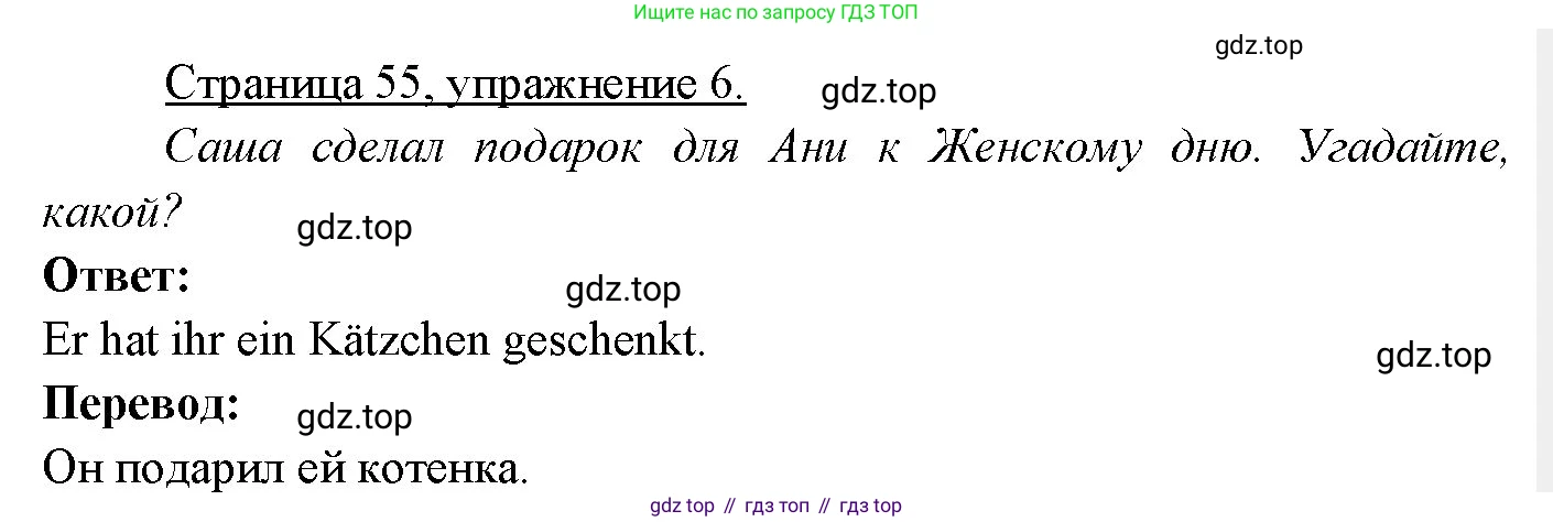 Немецкий язык (Deutsch), 3 класс учебник (lehrbuch), авторы: Бим Инесса Львовна (Bim I), Рыжова Лариса Ивановна (Ryschowa L), Фомичева Людмила Михайловна (Fomitschjowa L), издательство Просвещение, Москва, 2023, салатового цвета, Часть 2, страница 55, номер 6, Решение