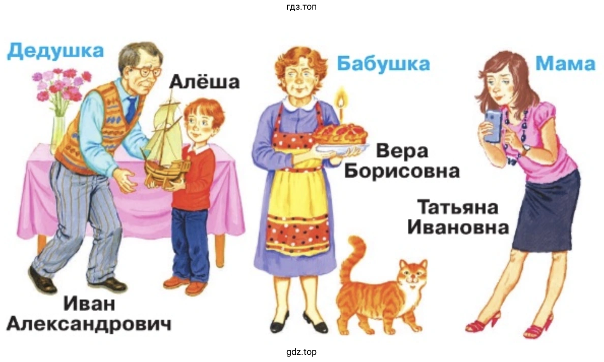 Расскажите по рисункам о событиях в семьях Даши и Алёши. (2)
