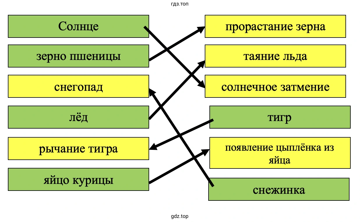 Отметьте (закрасьте табличку) зелёным цветом объекты природы, жёлтым цветом — явления природы