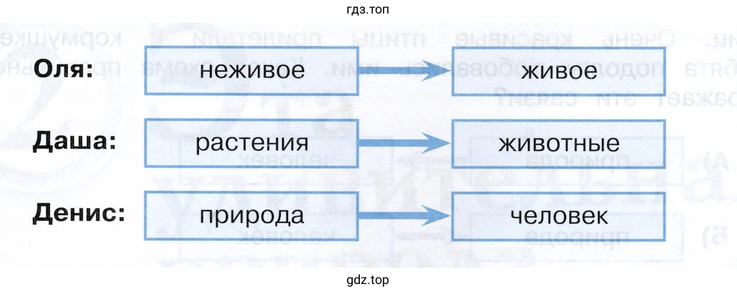 Оля: неживое живое Даша: растения животные Денис: природа человек