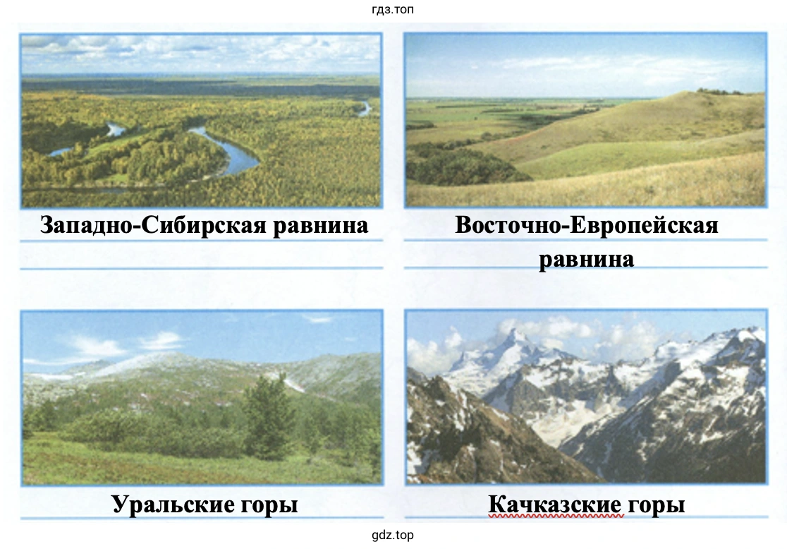 Западно-Сибирская равнина Восточно-Европейская равнина Уральские горы Кавказские горы