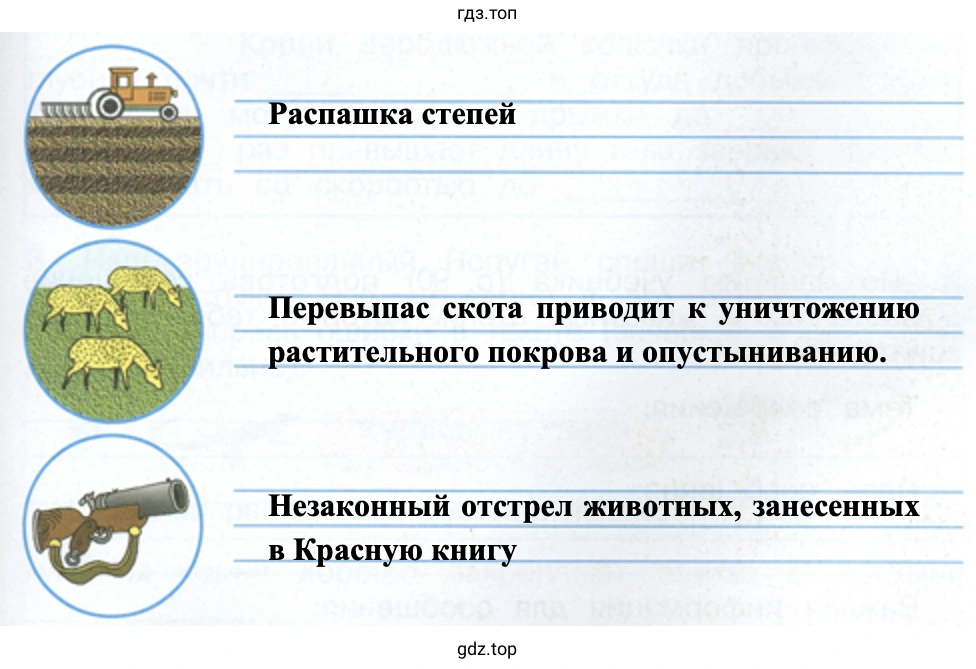 Распашка степей Перевыпас скота приводит к уничтожению растительного покрова и опустыниванию. Незаконный отстрел животных, занесенных в Красную книгу