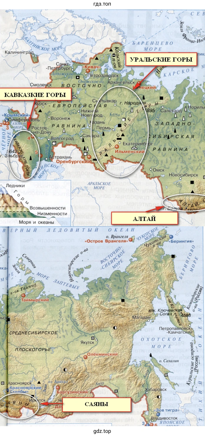 Горы Алтай, Саяны, Уральские горы и Кавказские горы