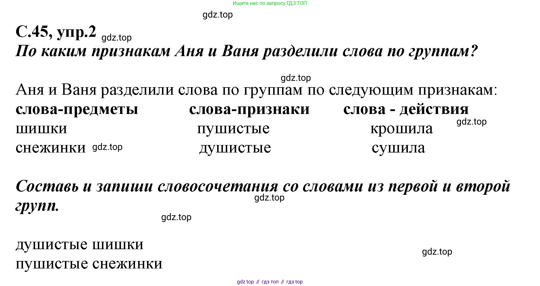 Русский язык, 1 класс рабочая тетрадь, авторы: Климанова Людмила Федоровна, Бабушкина Татьяна Владимировна, издательство Просвещение, Москва, 2023, белого цвета, страница 45, номер 2, Решение