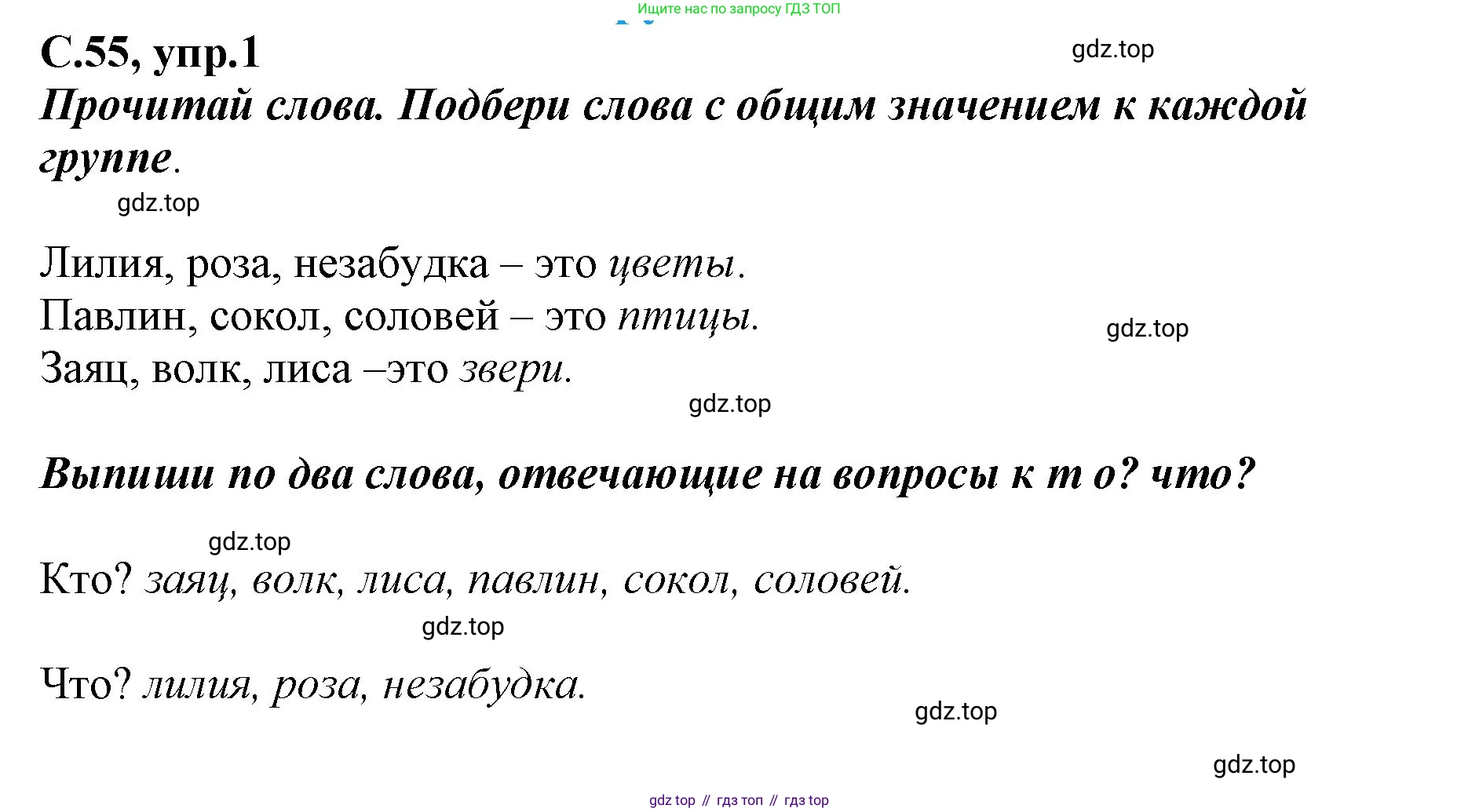 Русский язык, 1 класс рабочая тетрадь, авторы: Климанова Людмила Федоровна, Бабушкина Татьяна Владимировна, издательство Просвещение, Москва, 2023, белого цвета, страница 55, номер 1, Решение