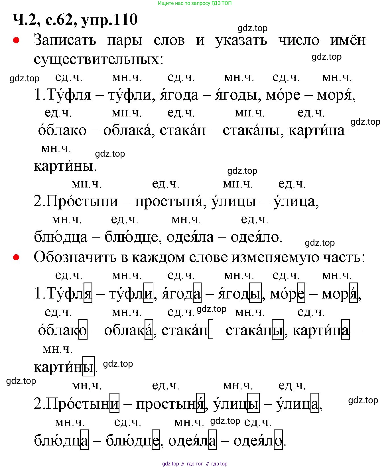 ГДЗ Русский язык, 2 класс Учебник, авторы: Канакина Валентина Павловна, Горецкий Всеслав Гаврилович, издательство Просвещение, Москва, 2023, белого цвета, Часть 2, страница 62, номер 110, Решение