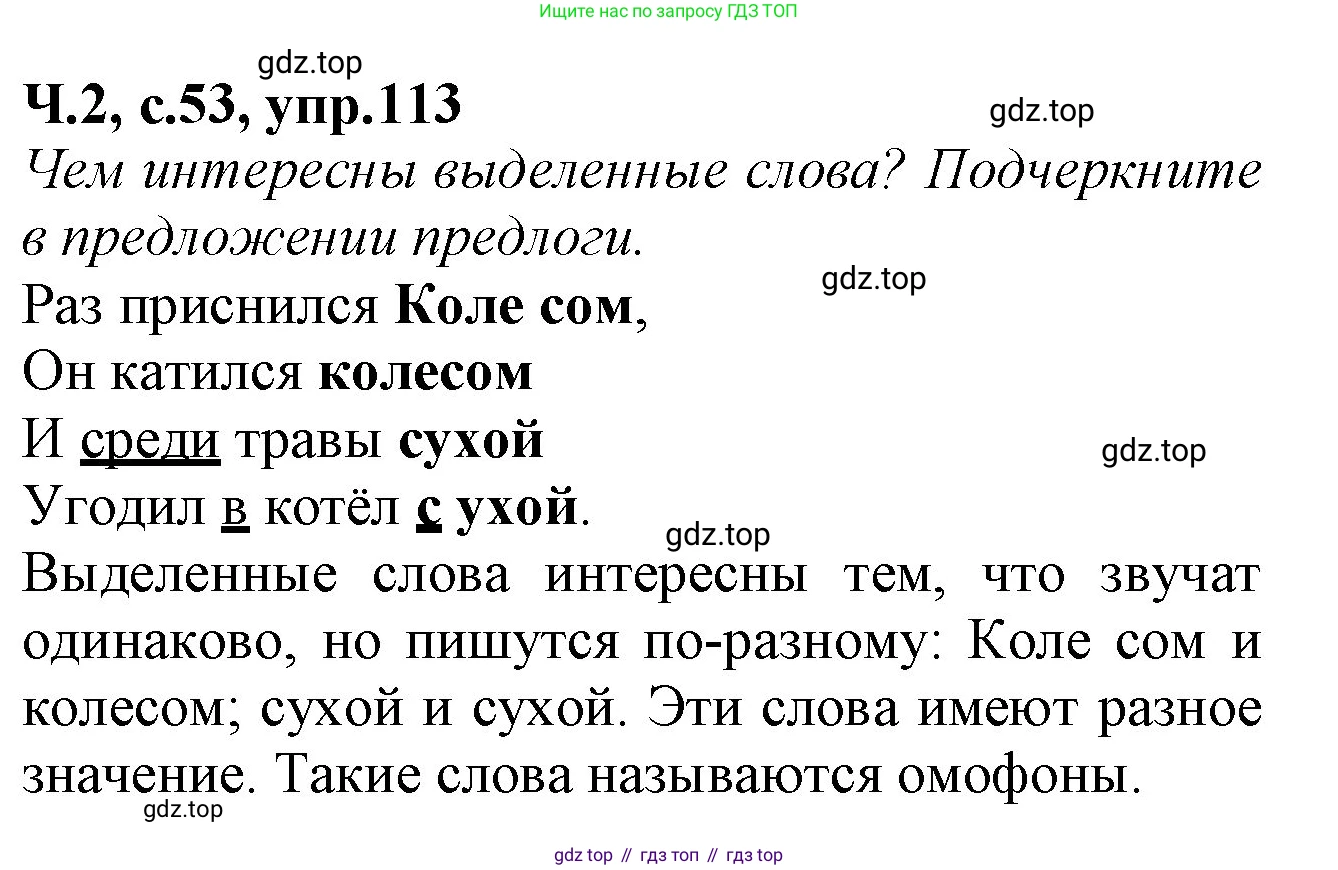 Русский язык, 2 класс рабочая тетрадь, автор: Канакина Валентина Павловна, издательство Просвещение, Москва, 2023, белого цвета, Часть 2, страница 53, номер 113, Решение