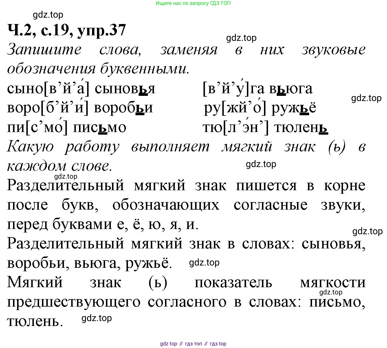 Русский язык, 2 класс рабочая тетрадь, автор: Канакина Валентина Павловна, издательство Просвещение, Москва, 2023, белого цвета, Часть 2, страница 19, номер 37, Решение