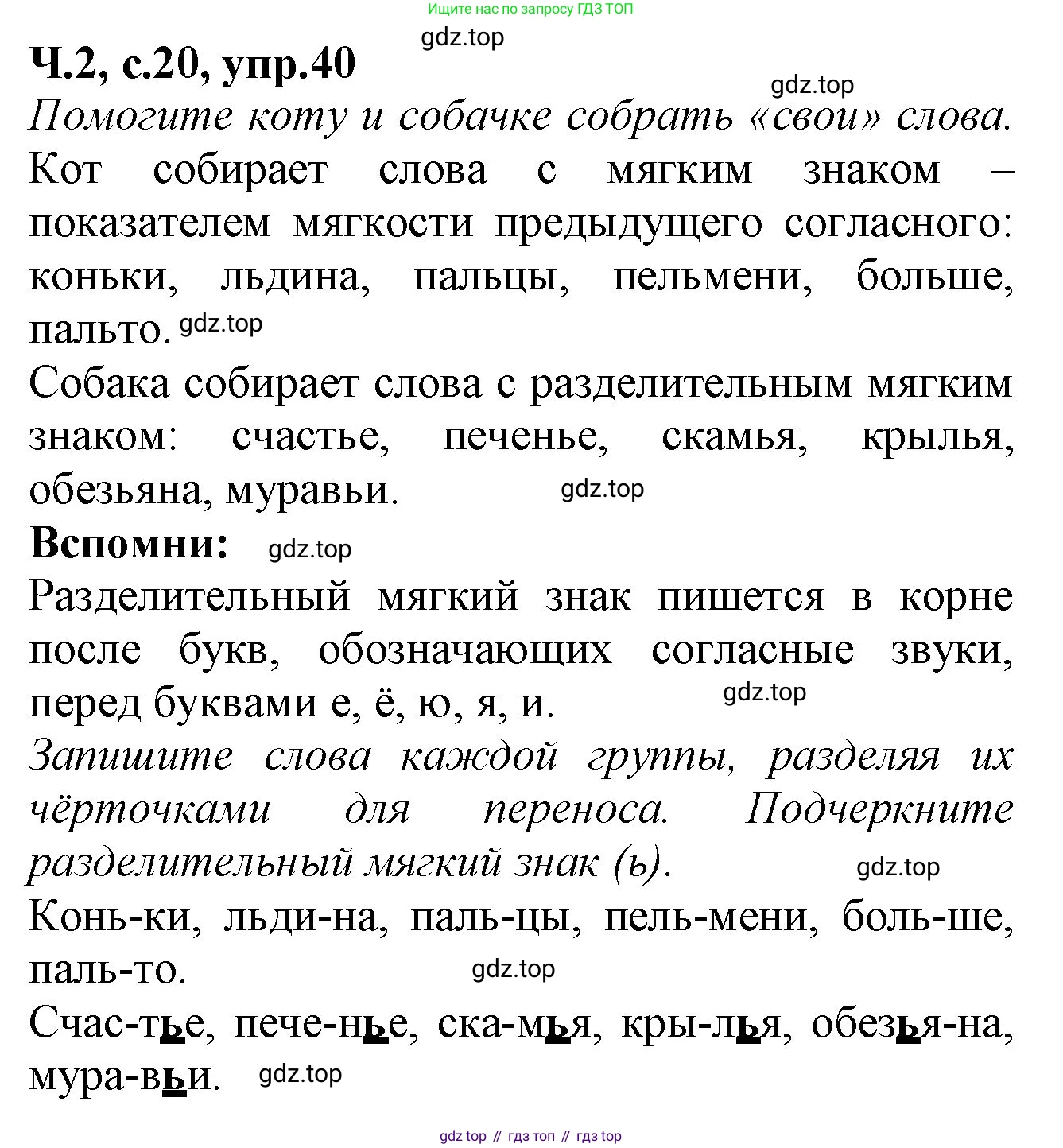 Русский язык, 2 класс рабочая тетрадь, автор: Канакина Валентина Павловна, издательство Просвещение, Москва, 2023, белого цвета, Часть 2, страница 20, номер 40, Решение
