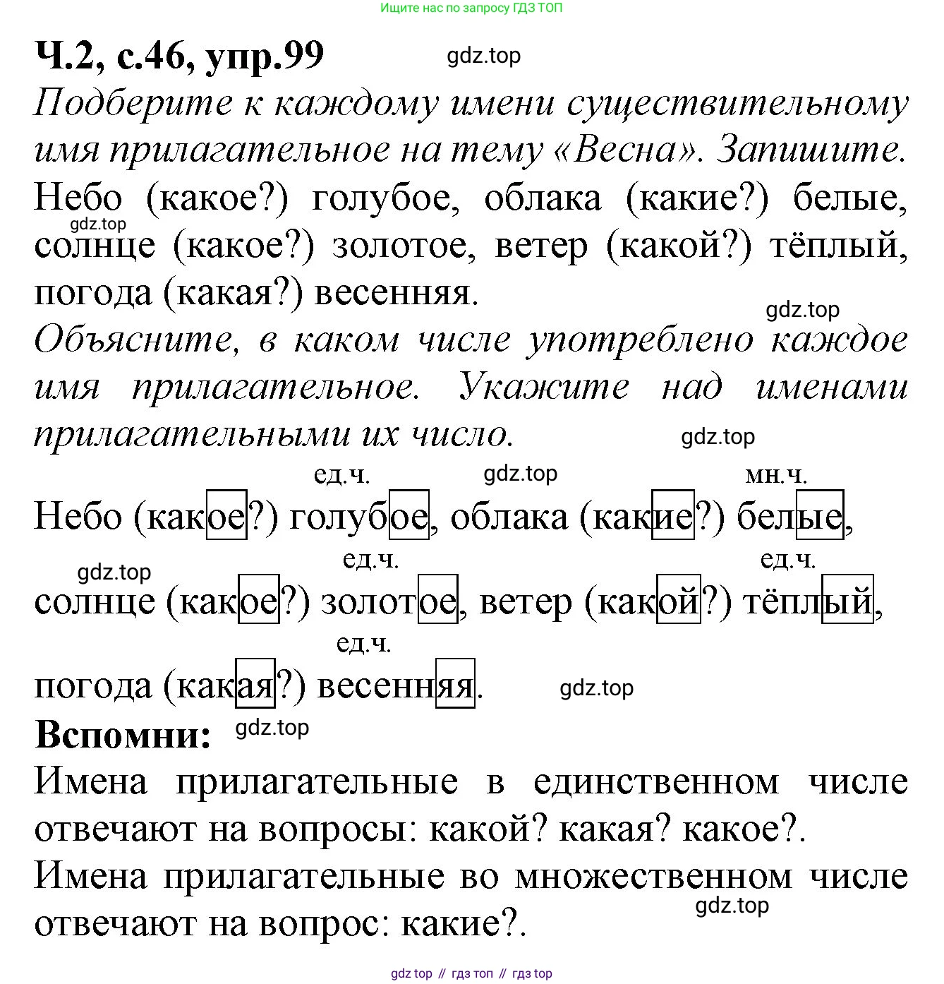 Русский язык, 2 класс рабочая тетрадь, автор: Канакина Валентина Павловна, издательство Просвещение, Москва, 2023, белого цвета, Часть 2, страница 46, номер 99, Решение