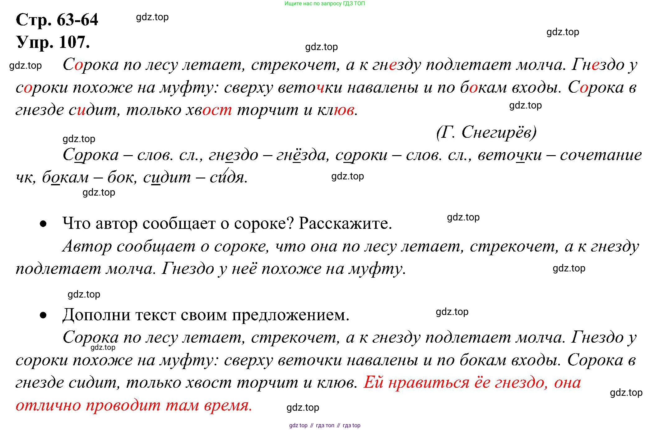 ГДЗ Русский язык, 2 класс рабочая тетрадь, авторы: Рамзаева Тамара Григорьевна, Савинкина Людмила Павловна, издательство Просвещение, Москва, 2023, страница 63, номер 107, Решение