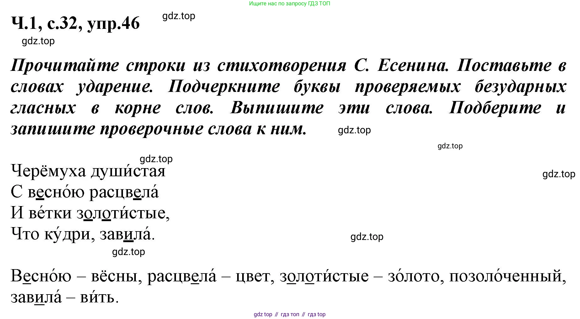 ГДЗ Русский язык, 3 класс рабочая тетрадь, авторы: Климанова Людмила Федоровна, Бабушкина Татьяна Владимировна, издательство Просвещение, Москва, 2019, белого цвета, Часть 1, страница 32, номер 46, Решение