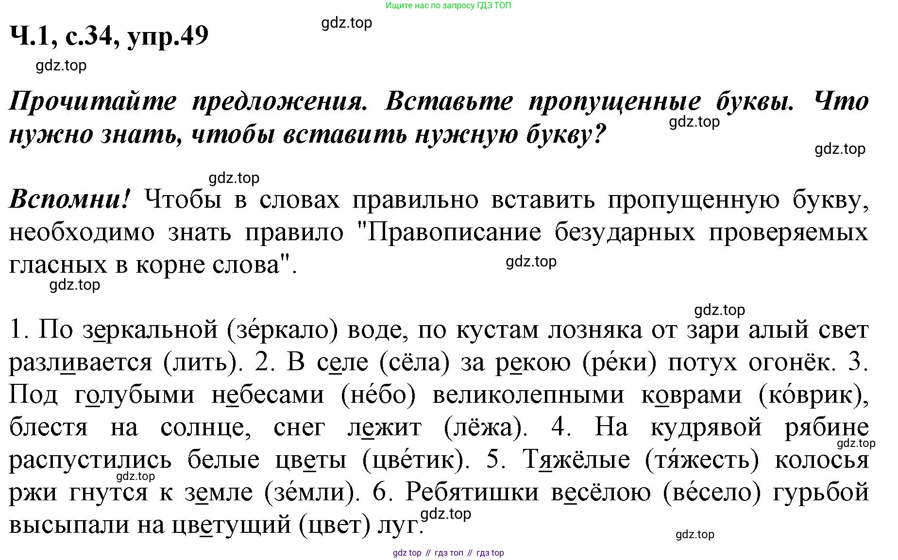 ГДЗ Русский язык, 3 класс рабочая тетрадь, авторы: Климанова Людмила Федоровна, Бабушкина Татьяна Владимировна, издательство Просвещение, Москва, 2019, белого цвета, Часть 1, страница 34, номер 49, Решение