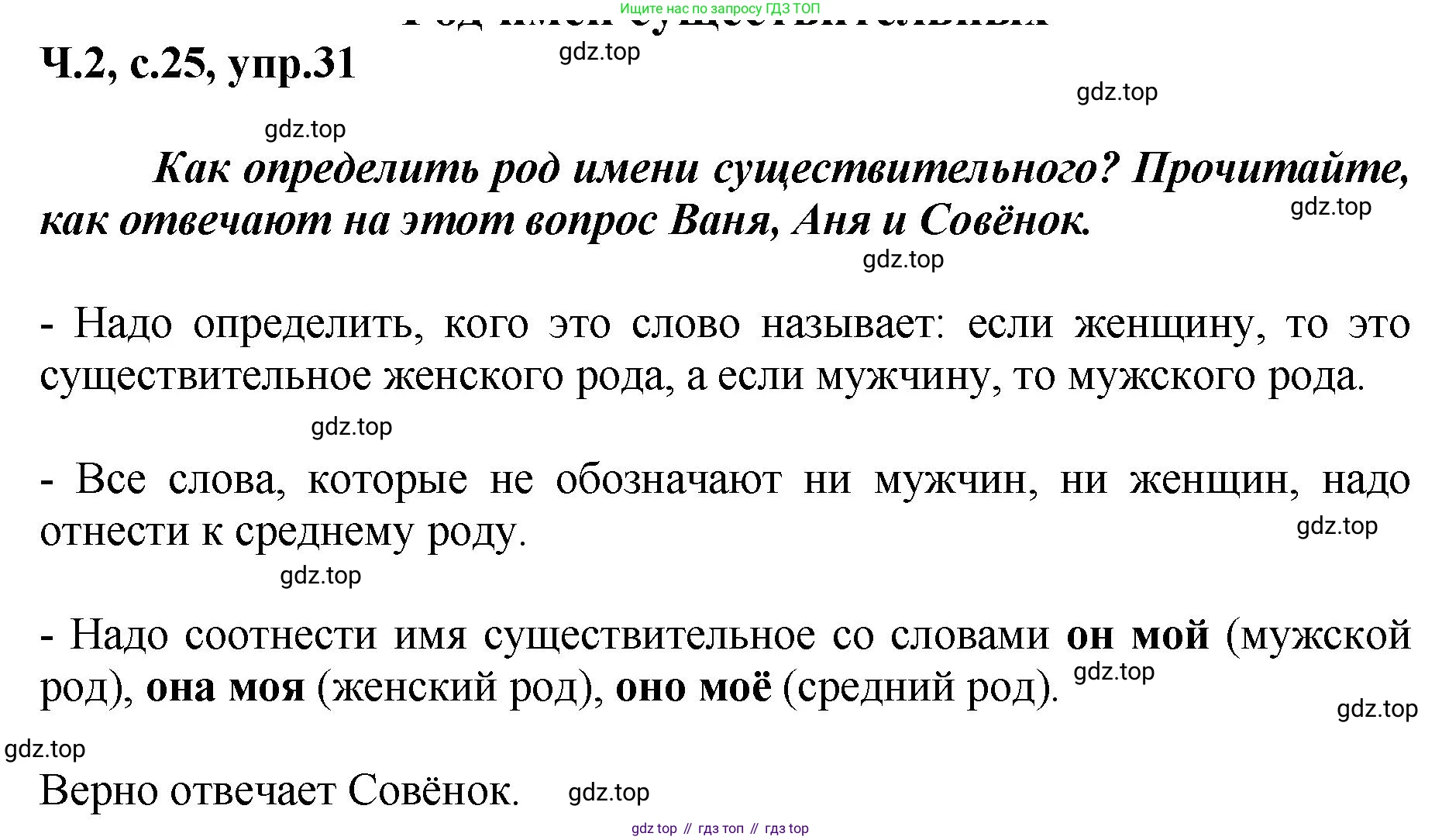 ГДЗ Русский язык, 3 класс рабочая тетрадь, авторы: Климанова Людмила Федоровна, Бабушкина Татьяна Владимировна, издательство Просвещение, Москва, 2019, белого цвета, Часть 2, страница 25, номер 31, Решение