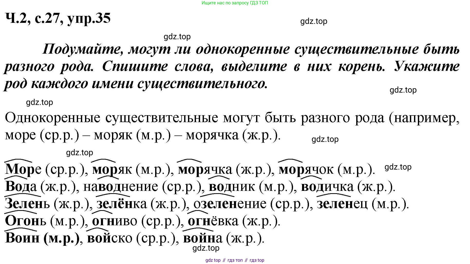 ГДЗ Русский язык, 3 класс рабочая тетрадь, авторы: Климанова Людмила Федоровна, Бабушкина Татьяна Владимировна, издательство Просвещение, Москва, 2019, белого цвета, Часть 2, страница 27, номер 35, Решение